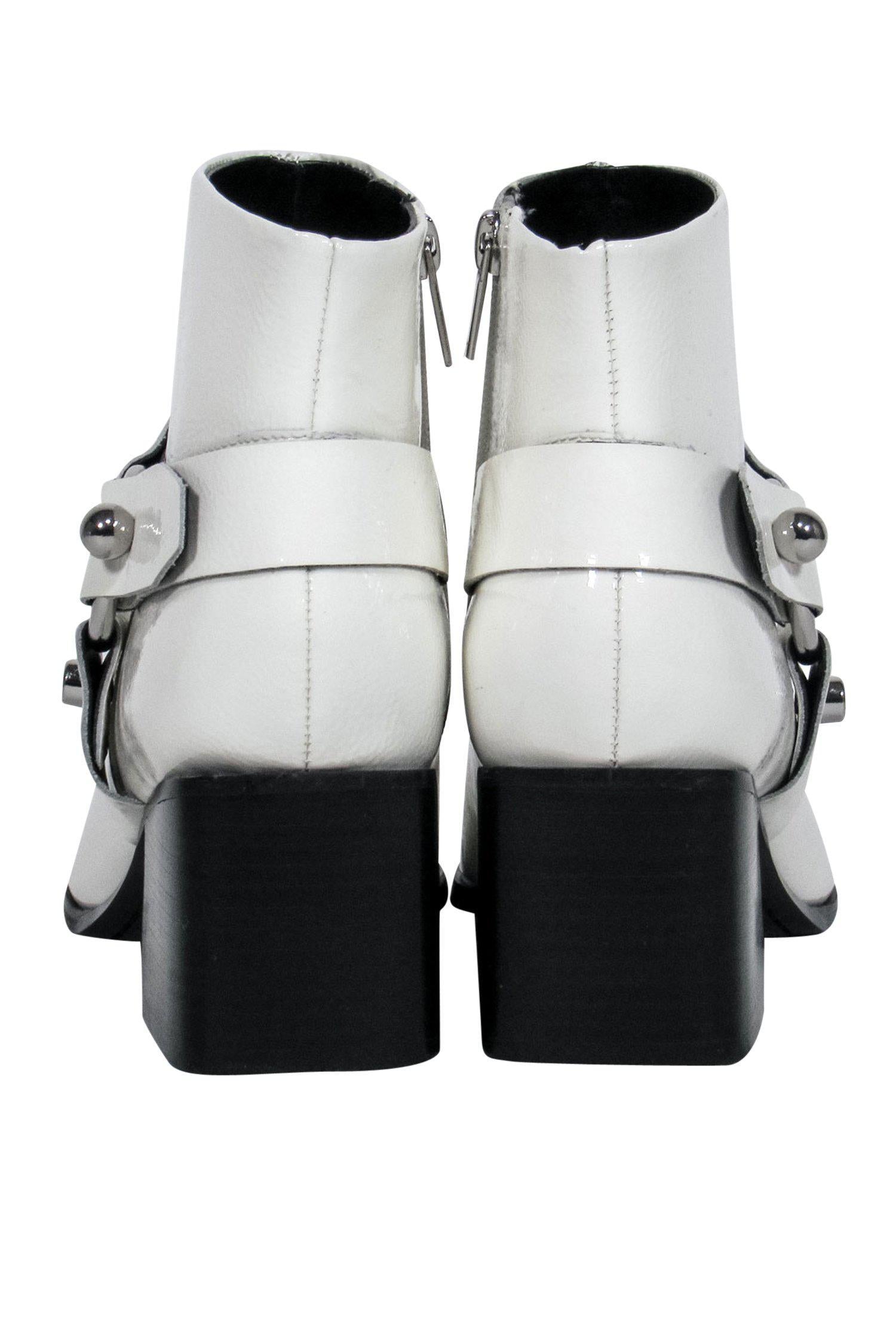 Marc Fisher White Patent Leather Buckle Booties - Size 8.5: Hot and Edgy!