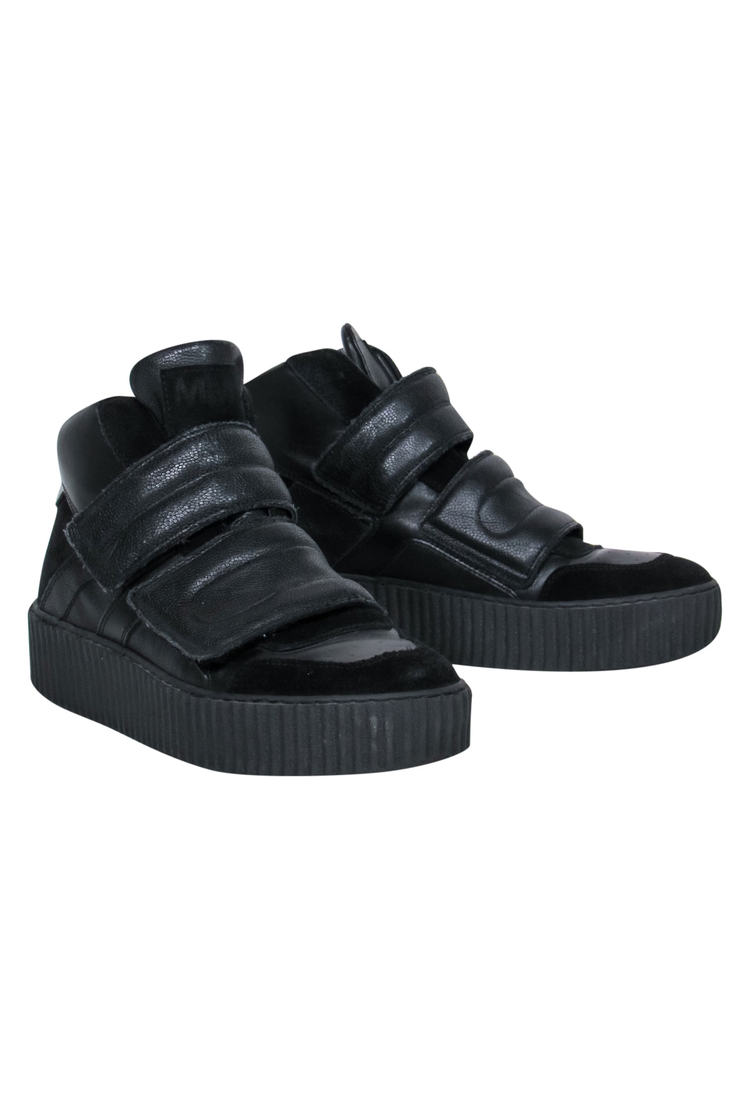 Maison Martin Margiela's Stunning Black Leather & Suede Velcro High Top Platform Sneakers - Size 6