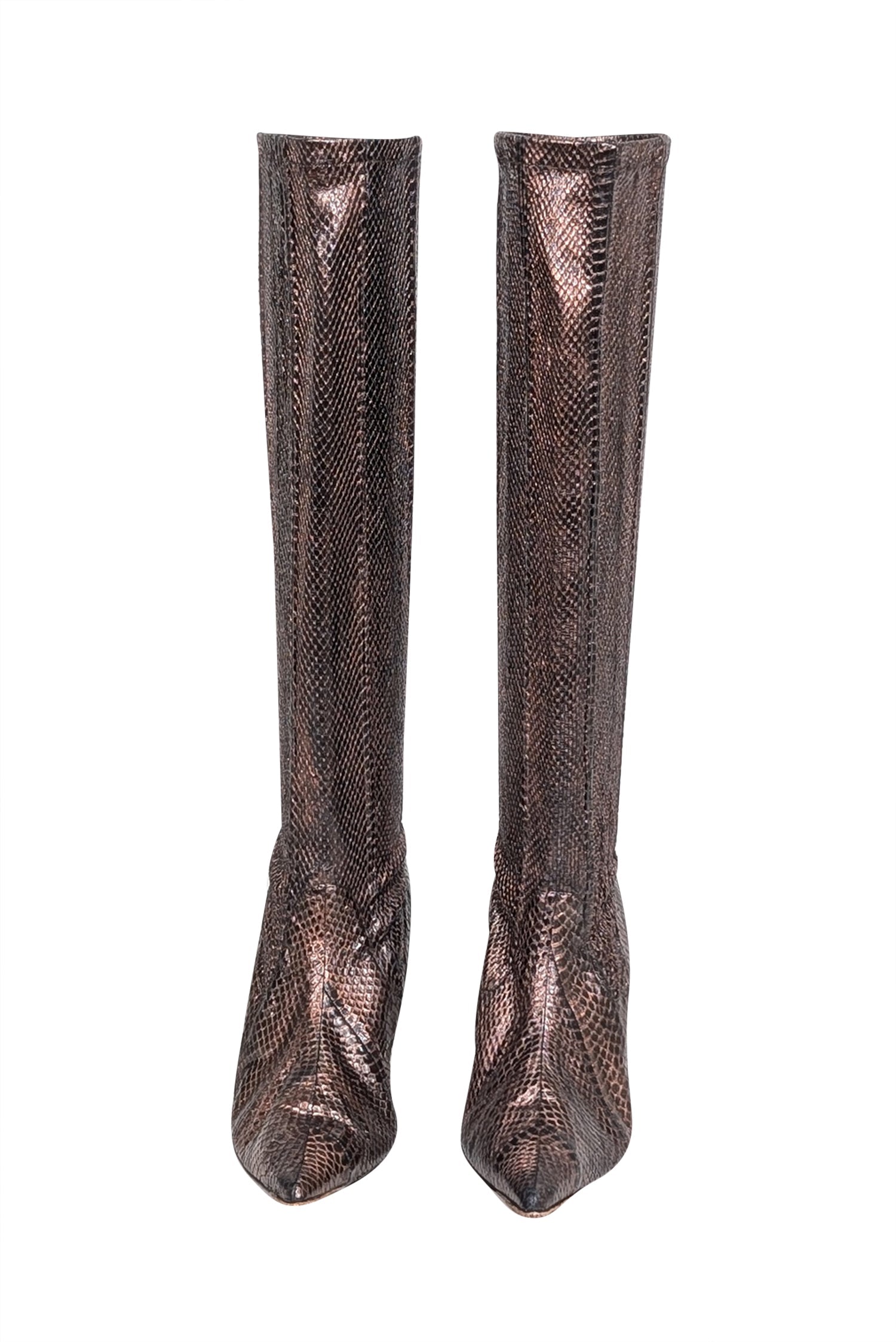 Manolo Blahnik - Stunning Brown & Copper Snakeskin Embossed Leather Tall Boots in Size 8