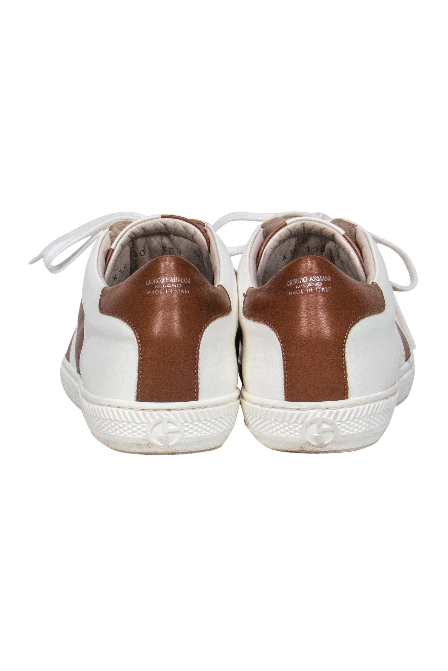 Giorgio Armani's Stylish White & Brown Striped Lace - Up Sneakers (Size 8)