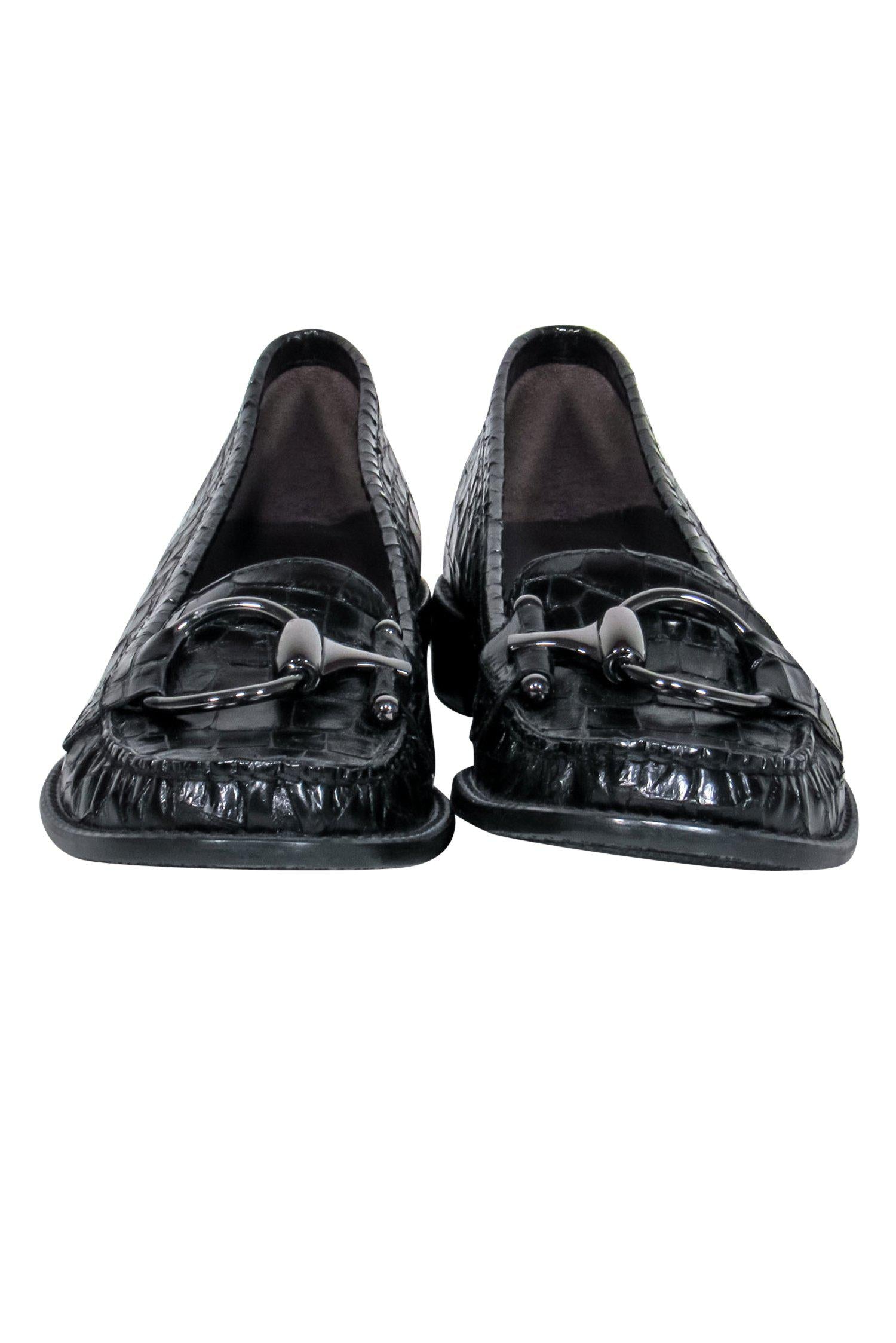 Stuart Weitzman's Stunning Black Reptile Textured Loafers with Horsebit Buckle - Size 8.5