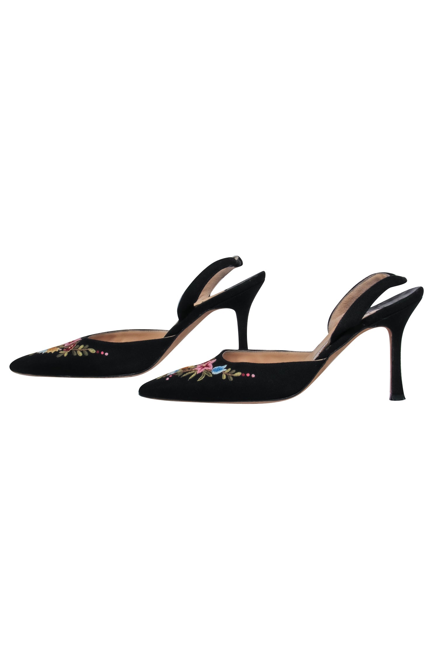 Manolo Blahnik - Stunning Black Multi - Color Floral Embroidery Slingback Heels Size 7