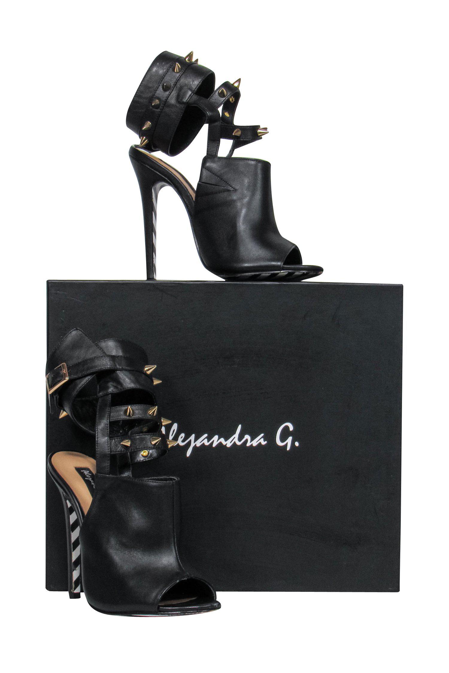 Alejandra G. Black Caged Peep - Toe Stilettos with Gold Studs, Size 6