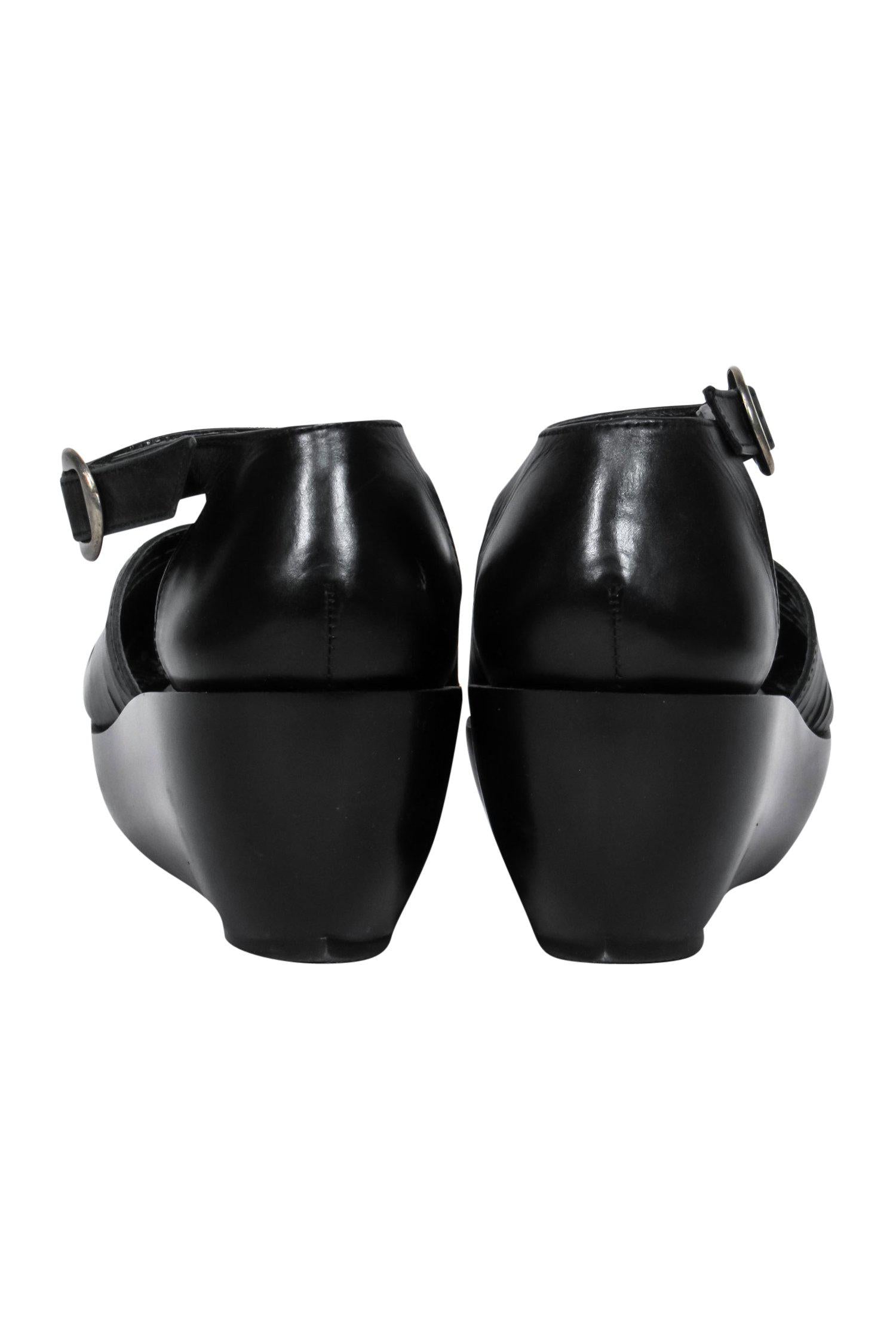 Robert Clergerie's Black Leather Ankle Strap Peep Toe Platforms - Size 6.5