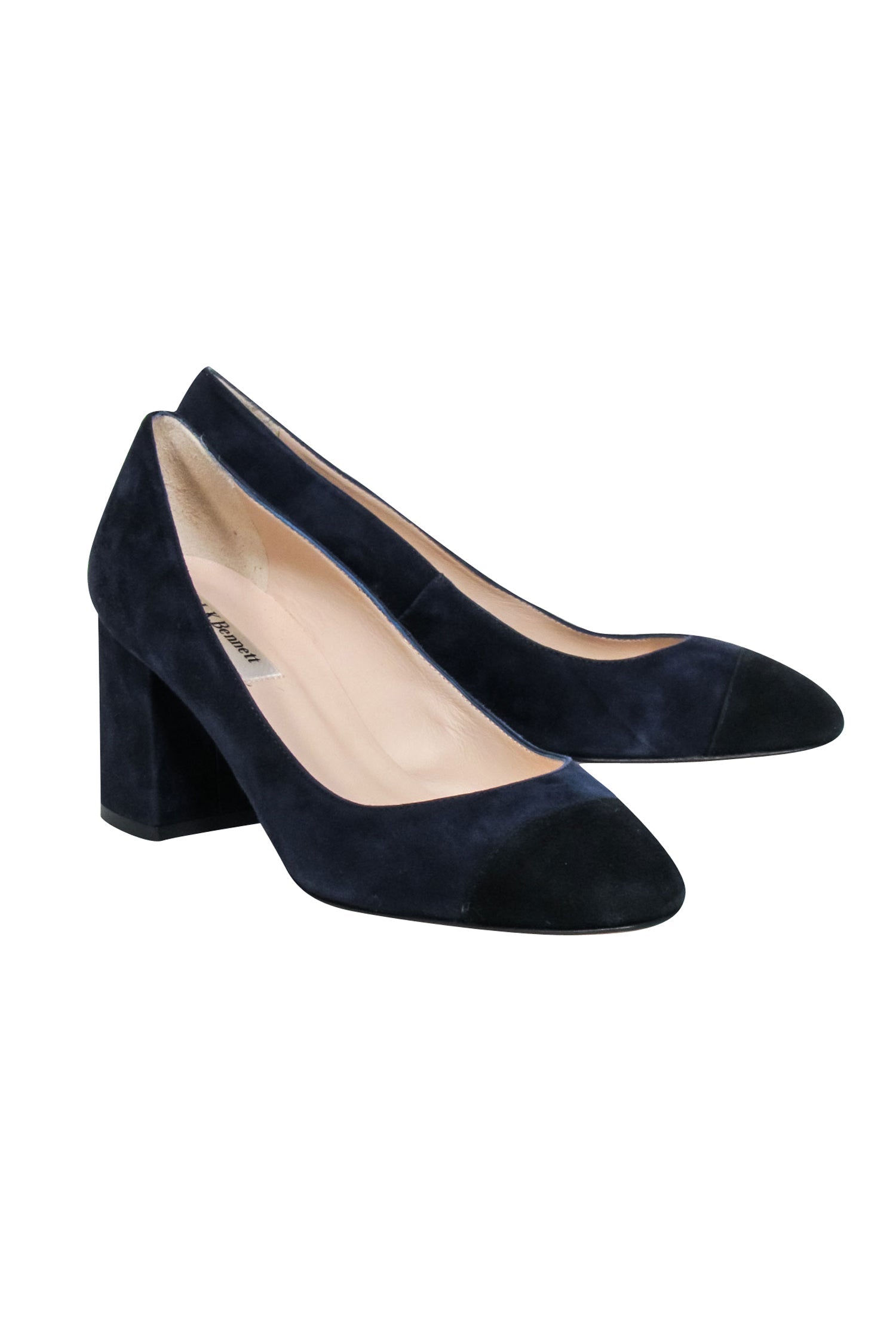 L.K. Bennett Navy Suede Black Rounded Toe Block Heel Pumps - Size 8.5 - Elevate Your Style!