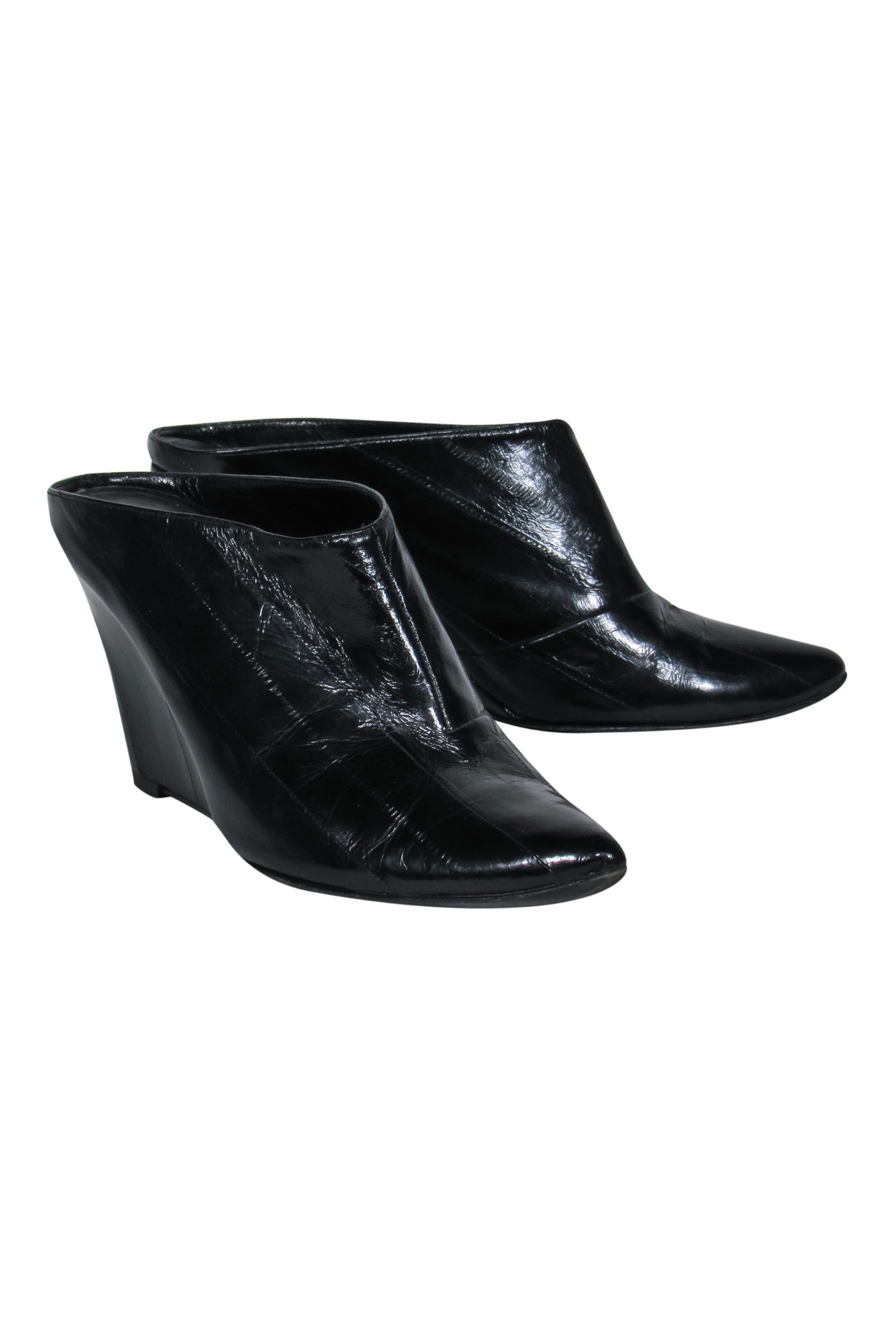 Sigerson Morrison Black Textured Patent Leather Wedge Mules - Size 10, Make a Statement!