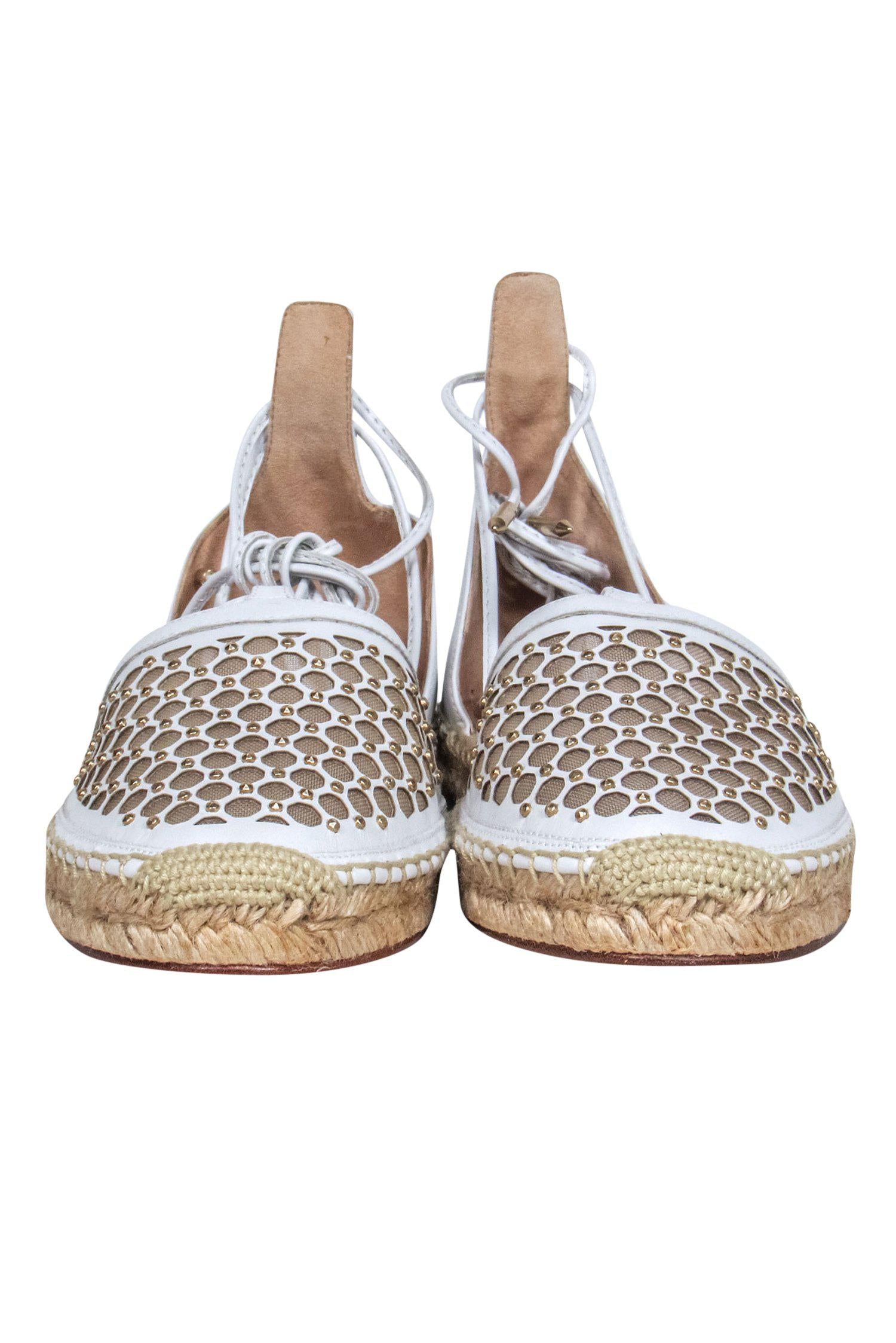 Aquazzura's Glamorous White Mesh Studded Lace - Up Espadrilles, Size 7