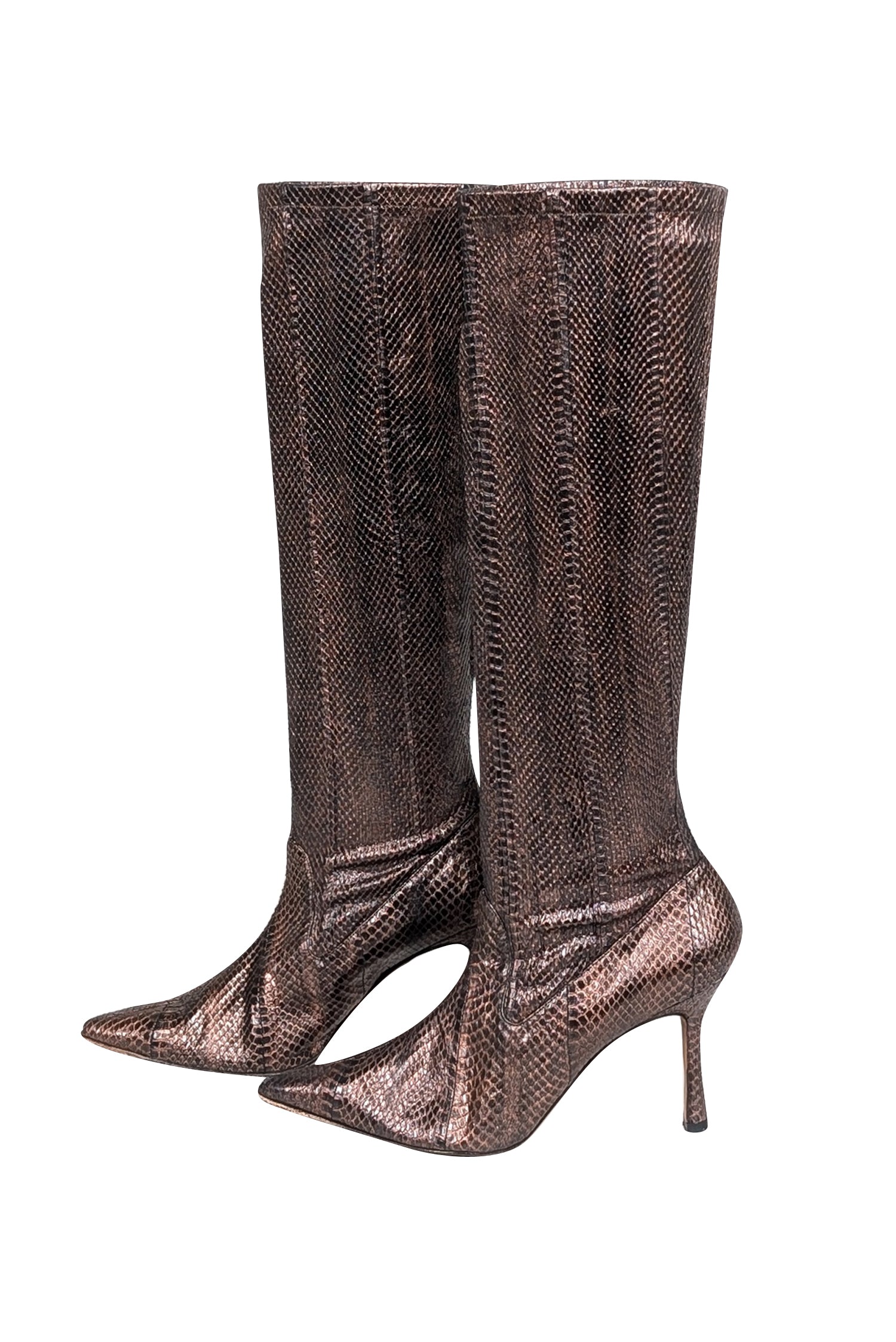 Manolo Blahnik - Stunning Brown & Copper Snakeskin Embossed Leather Tall Boots in Size 8