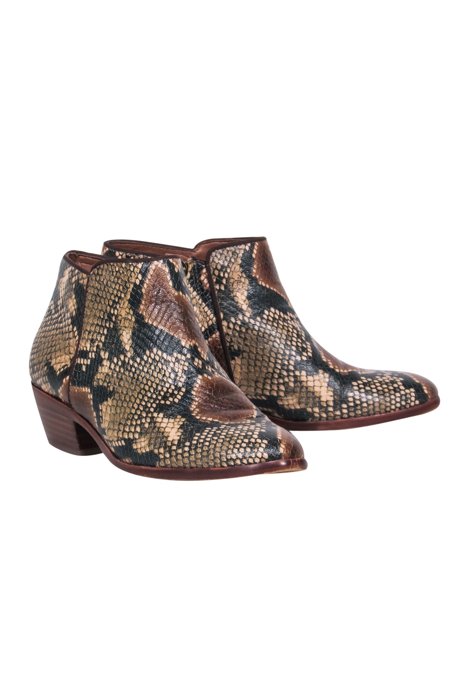 Sam Edelman Snake Print Leather Ankle Booties - Brown, Black & Tan, Size 6
