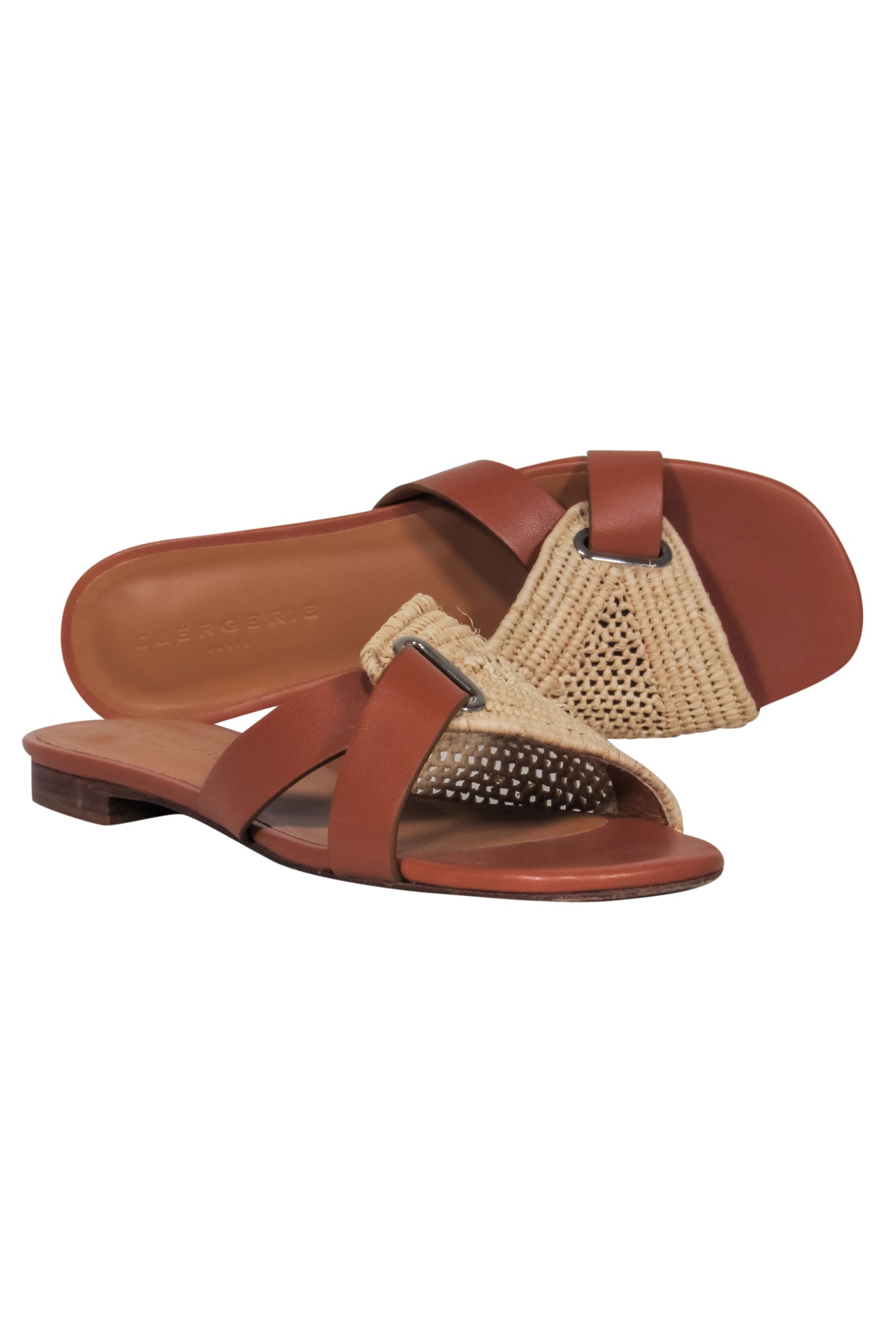 Clergerie's Gorgeous Brown Leather & Woven Rattan Slide Sandals - Size 6.5