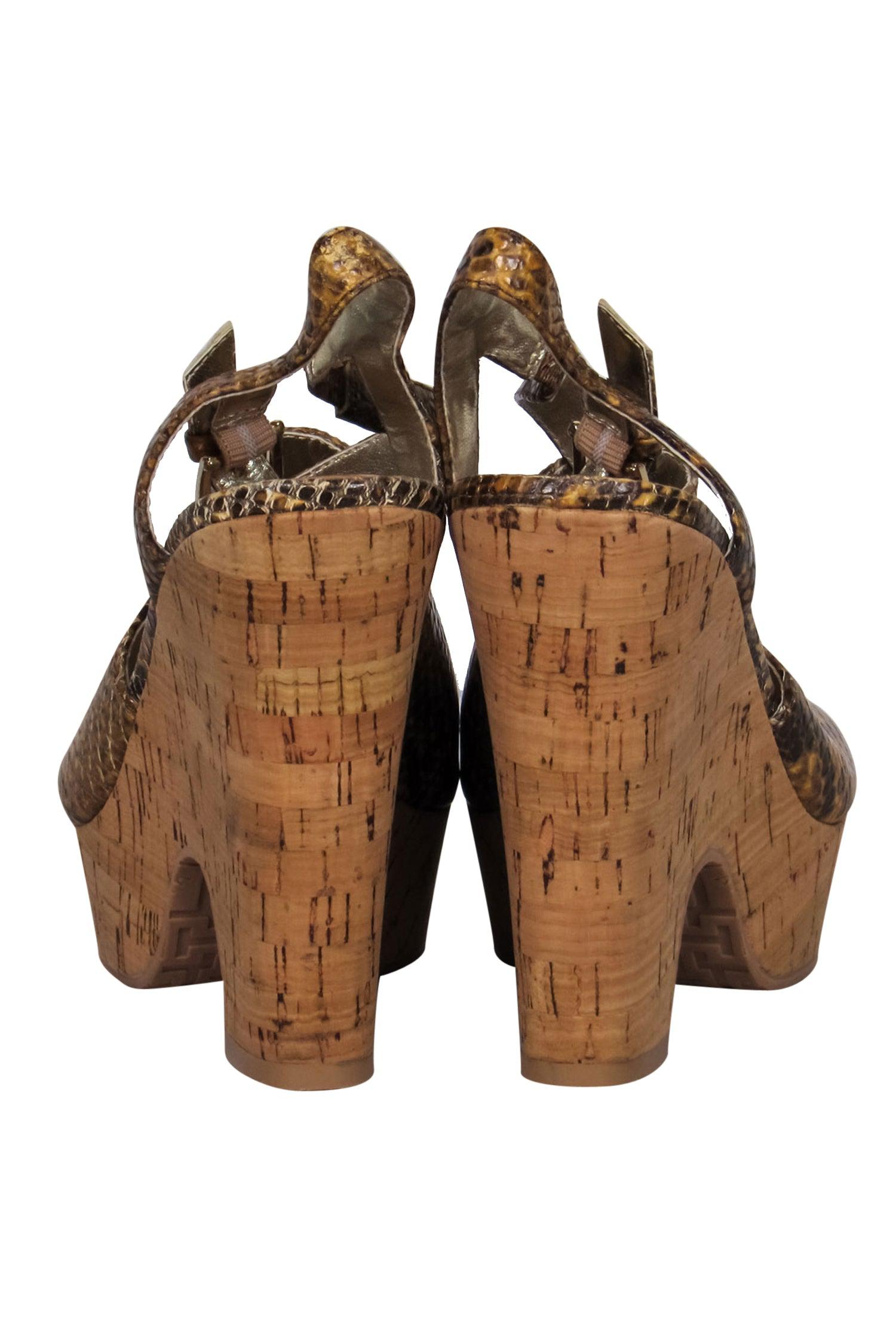 Elaine Turner - Stunning Brown Snakeskin Print Strappy Cork Platform Pumps in Size 8