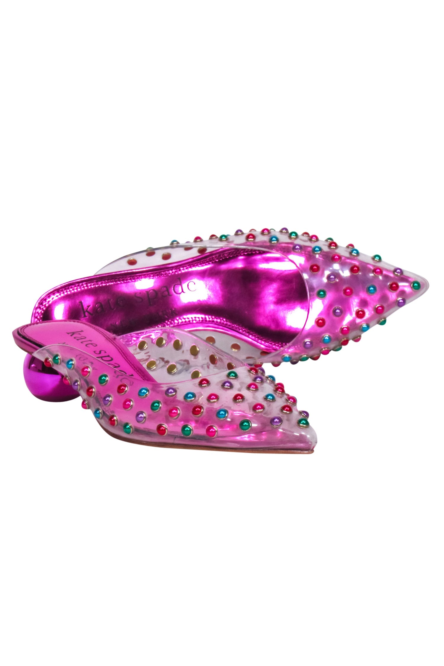 Kate Spade Pink Metallic Mules with Multi - Color Embellishments, Size 6