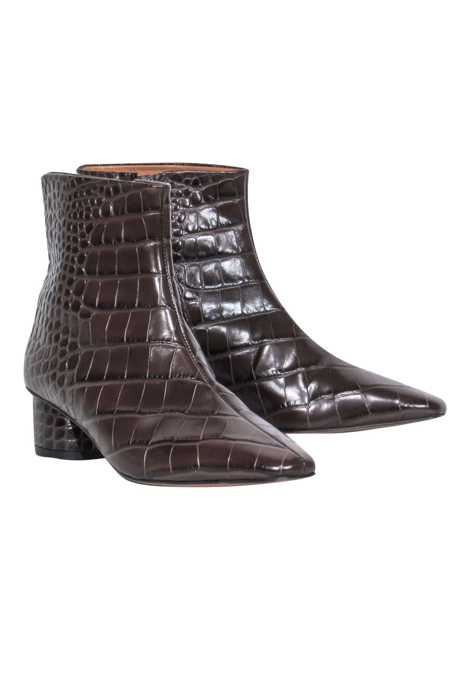 LOQ Brown Alligator-Embossed Leather Block Heel Ankle Booties - Size 9