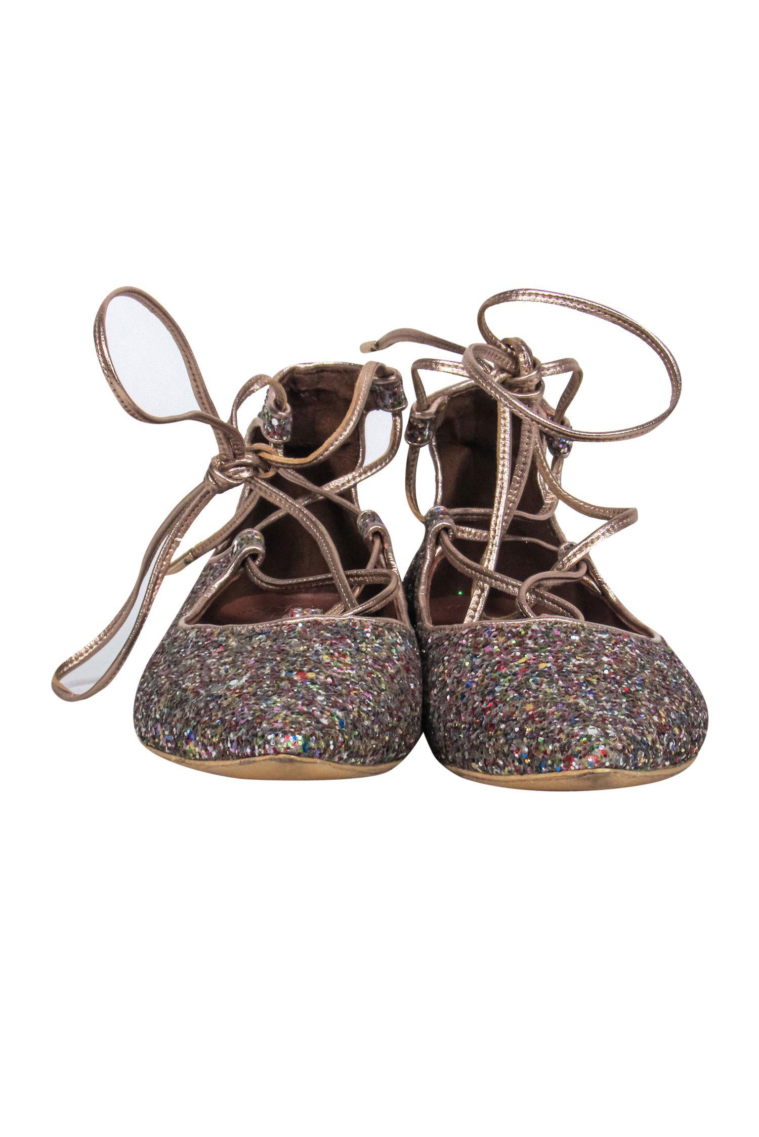 Aquazzura Multicolored Sequin Lace - Up Party Flats Size 6