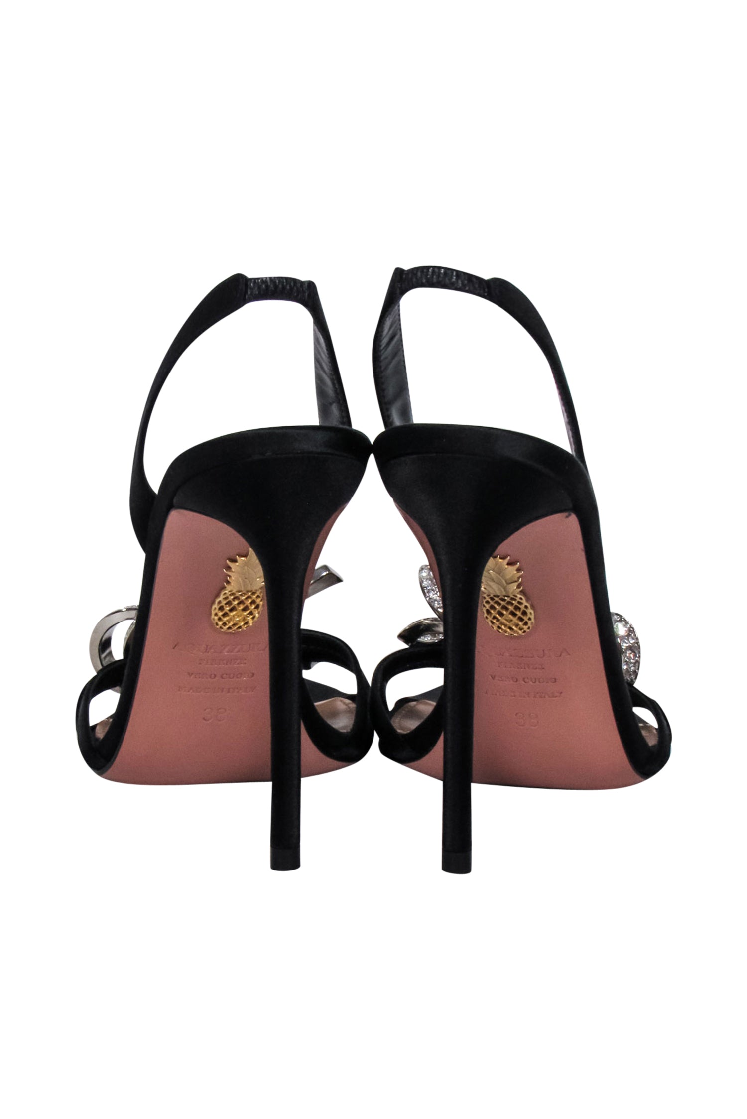 Aquazzura Black Satin Embellished Bow Heeled Sandals - Size 8