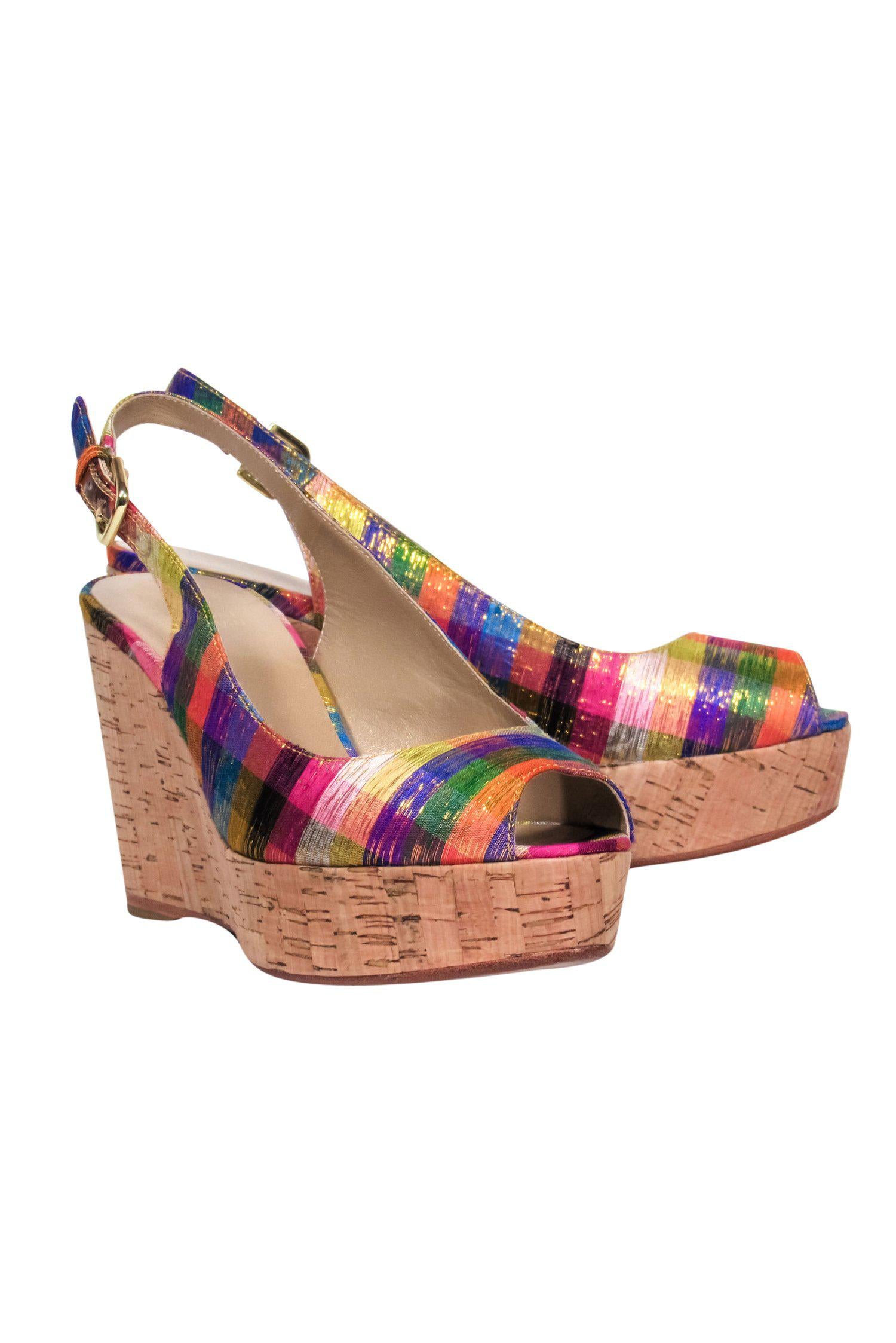 Stuart Weitzman's Glamorous Multicolored Metallic Plaid Peep Toe Slingback Cork Wedges - Size 7