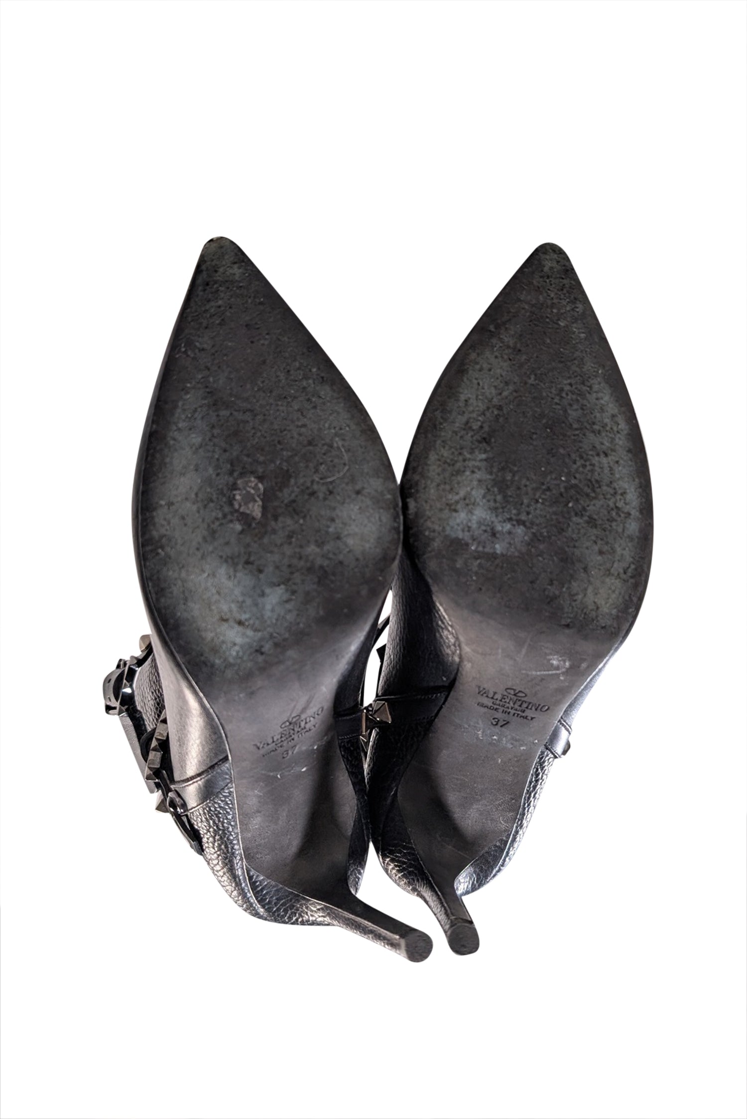 Valentino's Edgy Black Pebbled Leather Studded Short - Heel Boots, Size 7