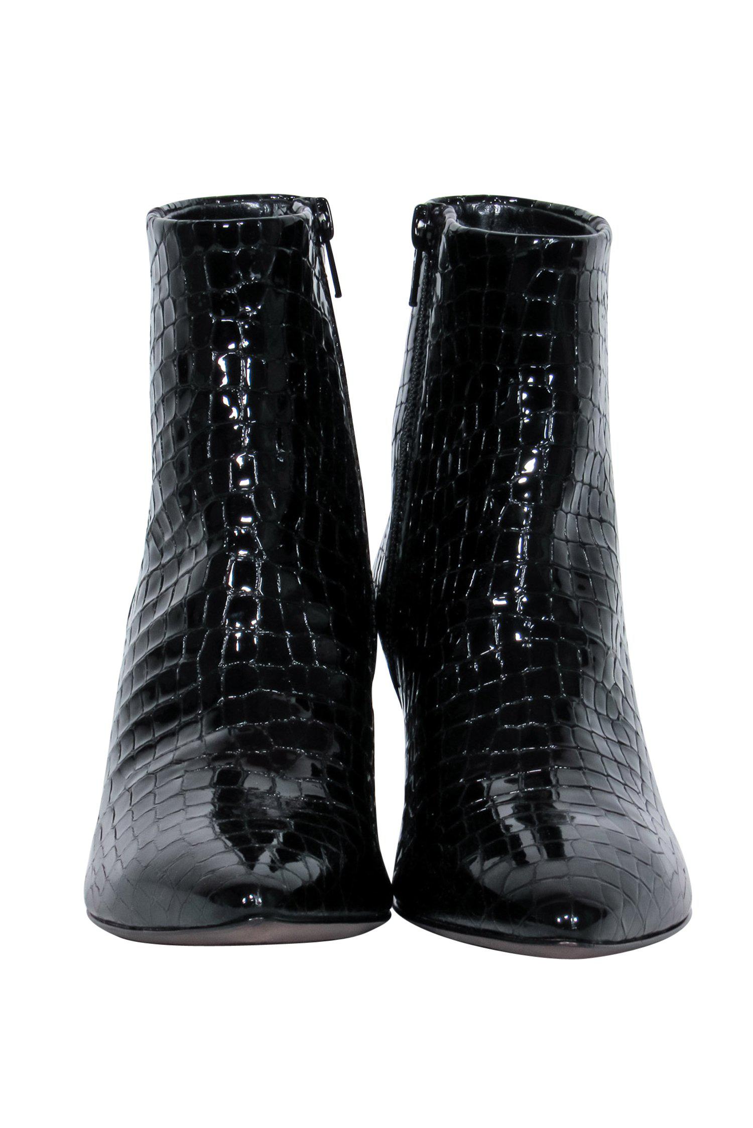 AGL Black Patent Leather Reptile-Embossed Heeled Booties - Size 6