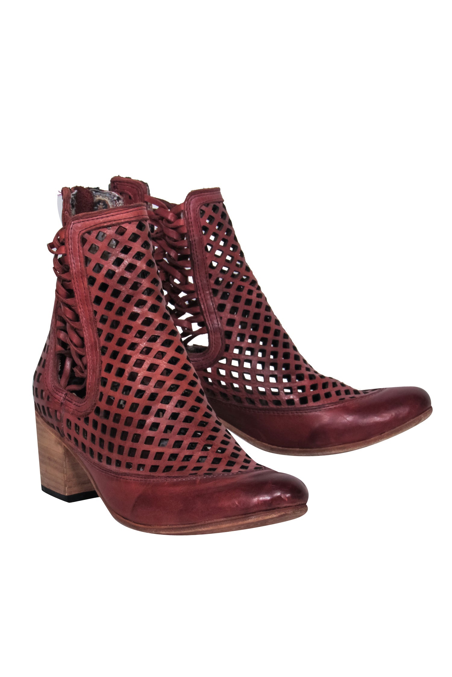 Steven's Freebird Cognac Leather Mesh Block Heel Booties - Size 9
