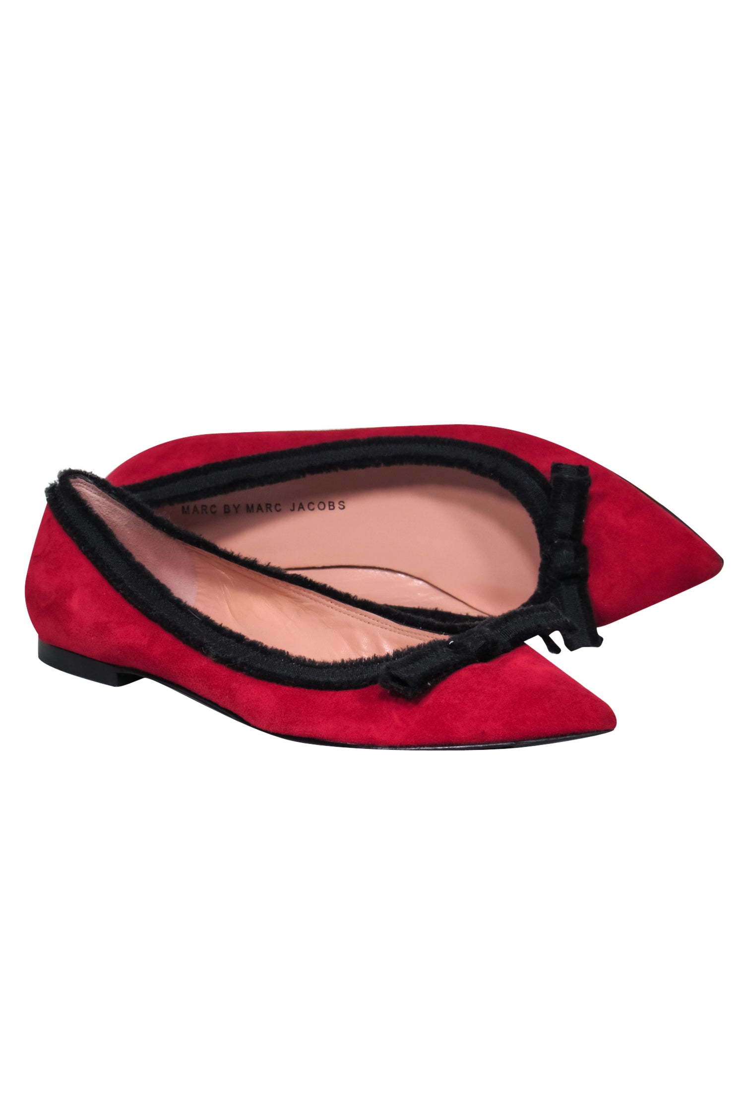 Marc by Marc Jacobs Red Suede Pointed Toe Flats with Black Trim and Bow - Size 9