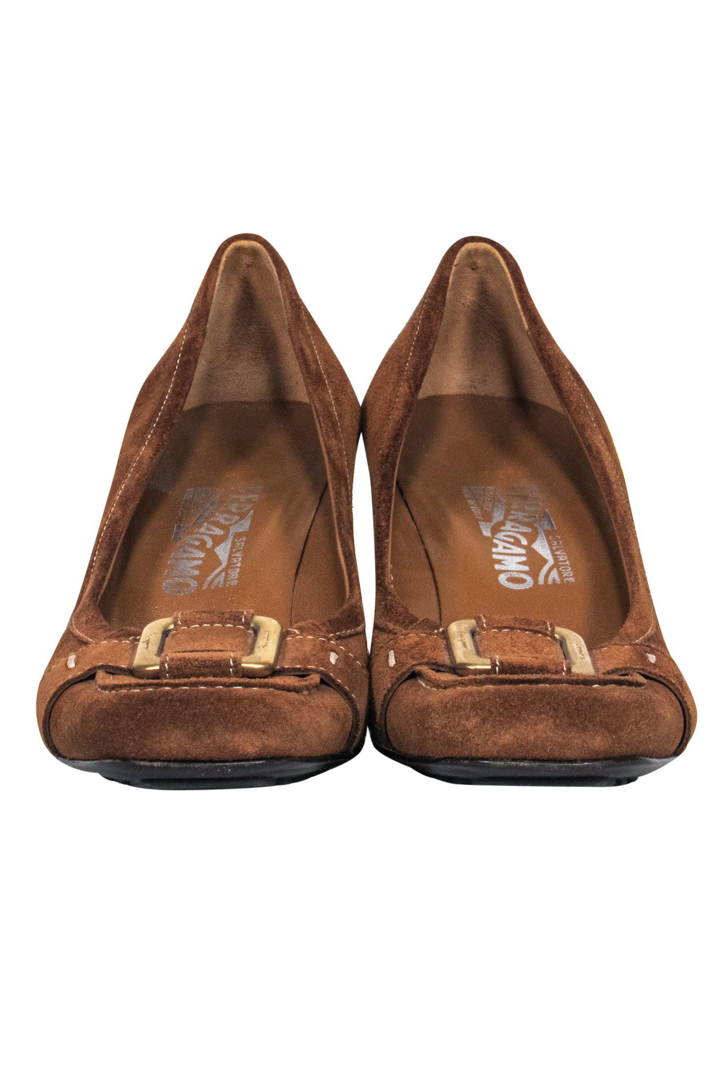 Ferragamo Brown Suede Buckle Loafer-Style Pumps - Size 9