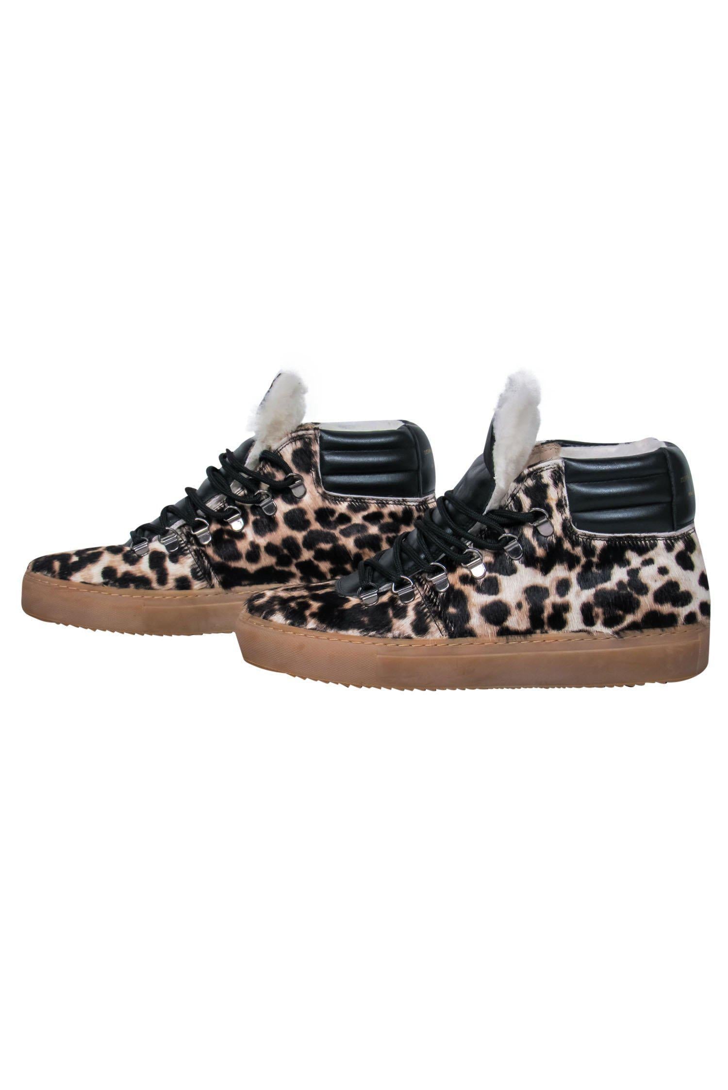 Zespa - Stunning Beige & Black Leopard Print Calf Hair & Leather Lace - Up High Top Sneakers with Shearling Trim, Size 7.5