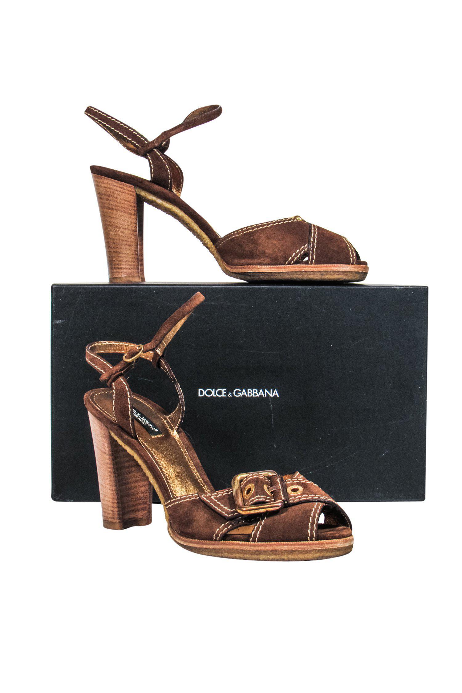 Dolce & Gabbana Brown Suede Open Toe Heels with Buckles - Size 11