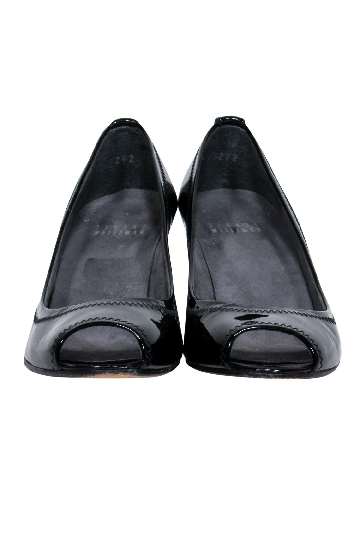Stuart Weitzman Black Patent Leather Open Toe Block Heels - Size 7, Classic Elegance!