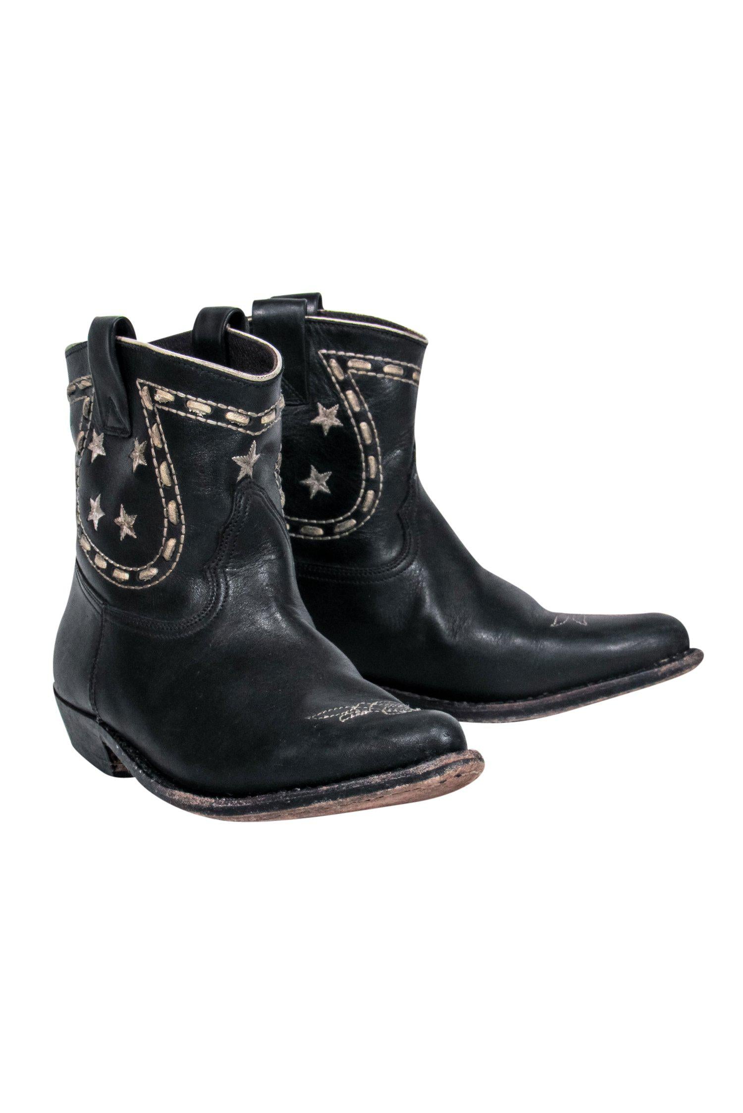 Golden Goose Black Western Distressed Boots with White Star Stitching - Size 6