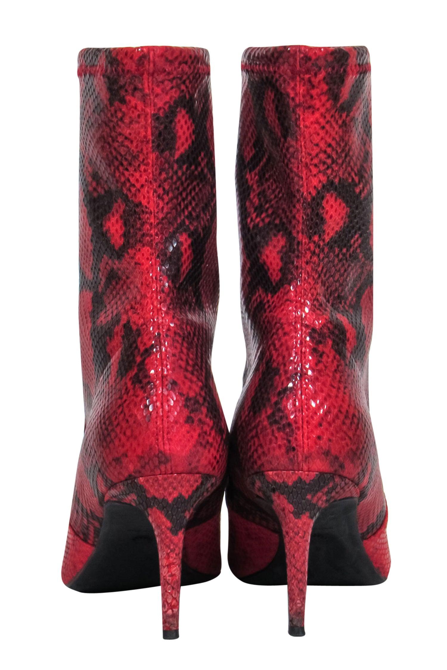 Stuart Weitzman Red & Black Snakeskin Print Heeled Short Boots - Size 8
