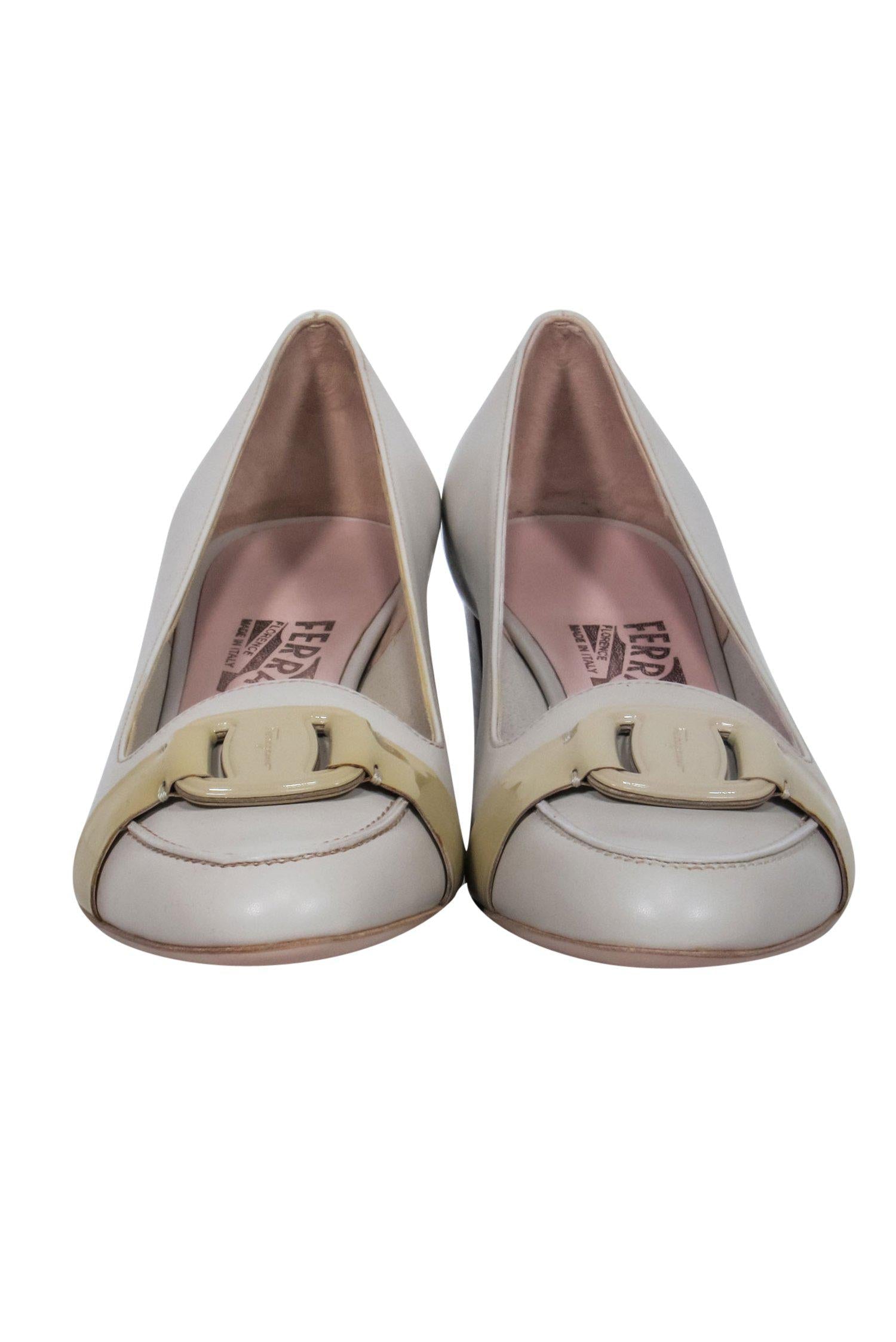 Ferragamo Gabriel Block Heel: Classy Ivory Leather with Buckles, Size 6.5