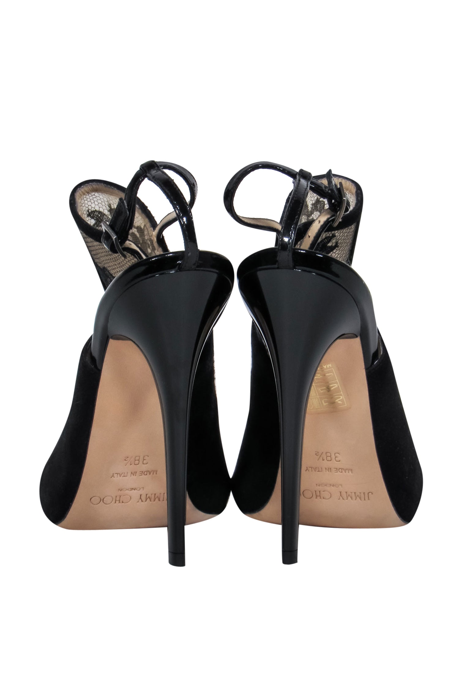 Jimmy Choo's Alluring Black Suede & Lace Slingback Stiletto Pumps - Size 8.5