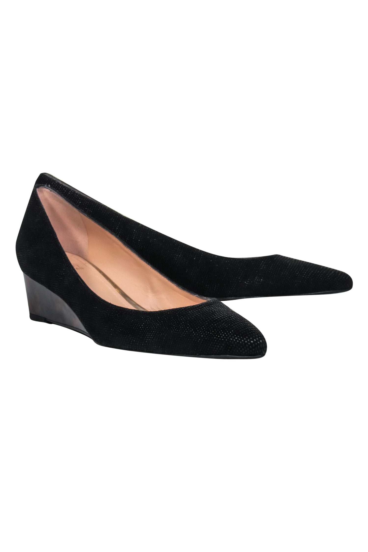Stuart Weitzman Black Textured Pointed Toe Wedges with Tortoise Shell - Size 7.5: A Chic Office Essential