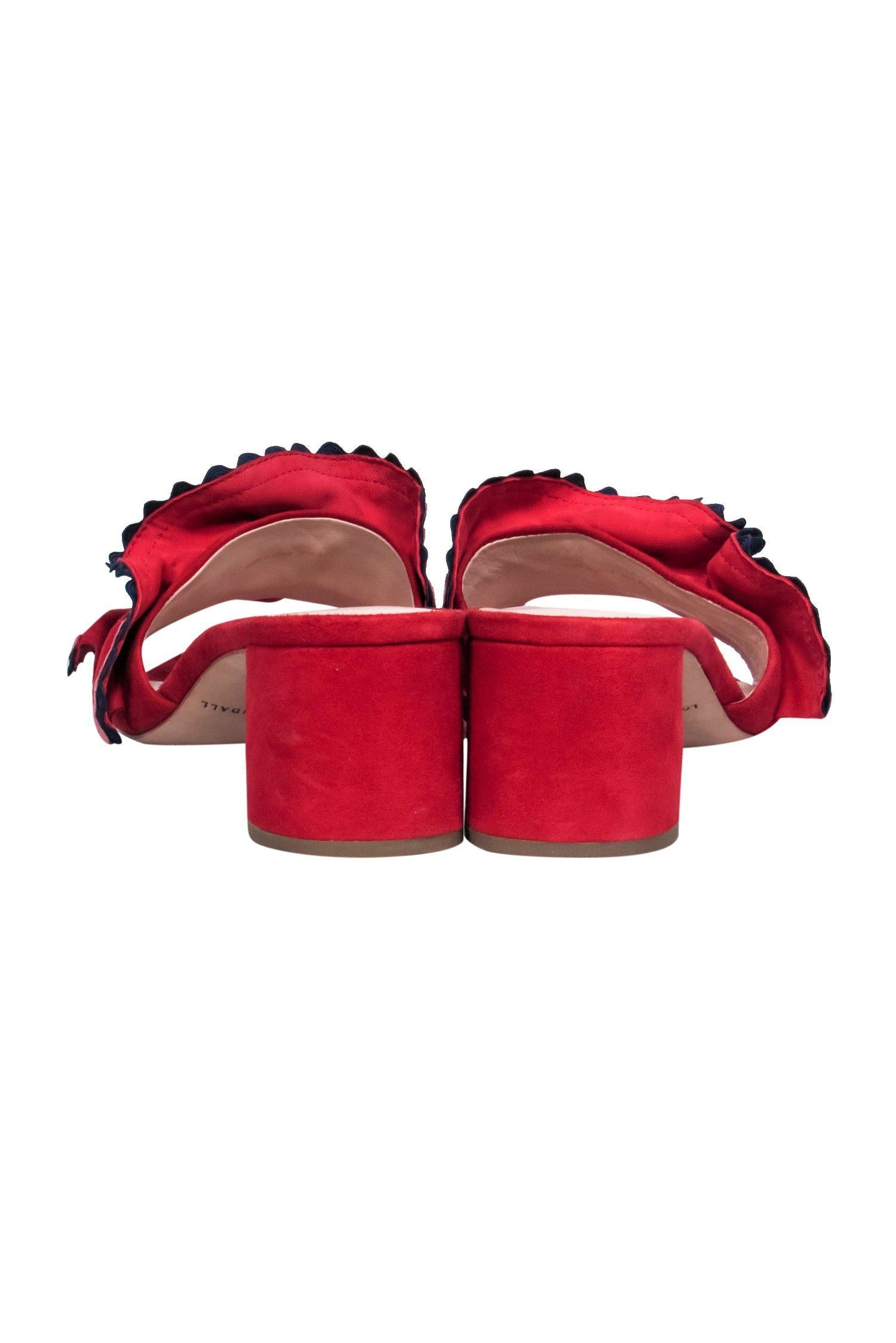 Loeffler Randall Red Ruffle Slide Block Heel Pumps with Multicolored Embroidery - Size 8.5