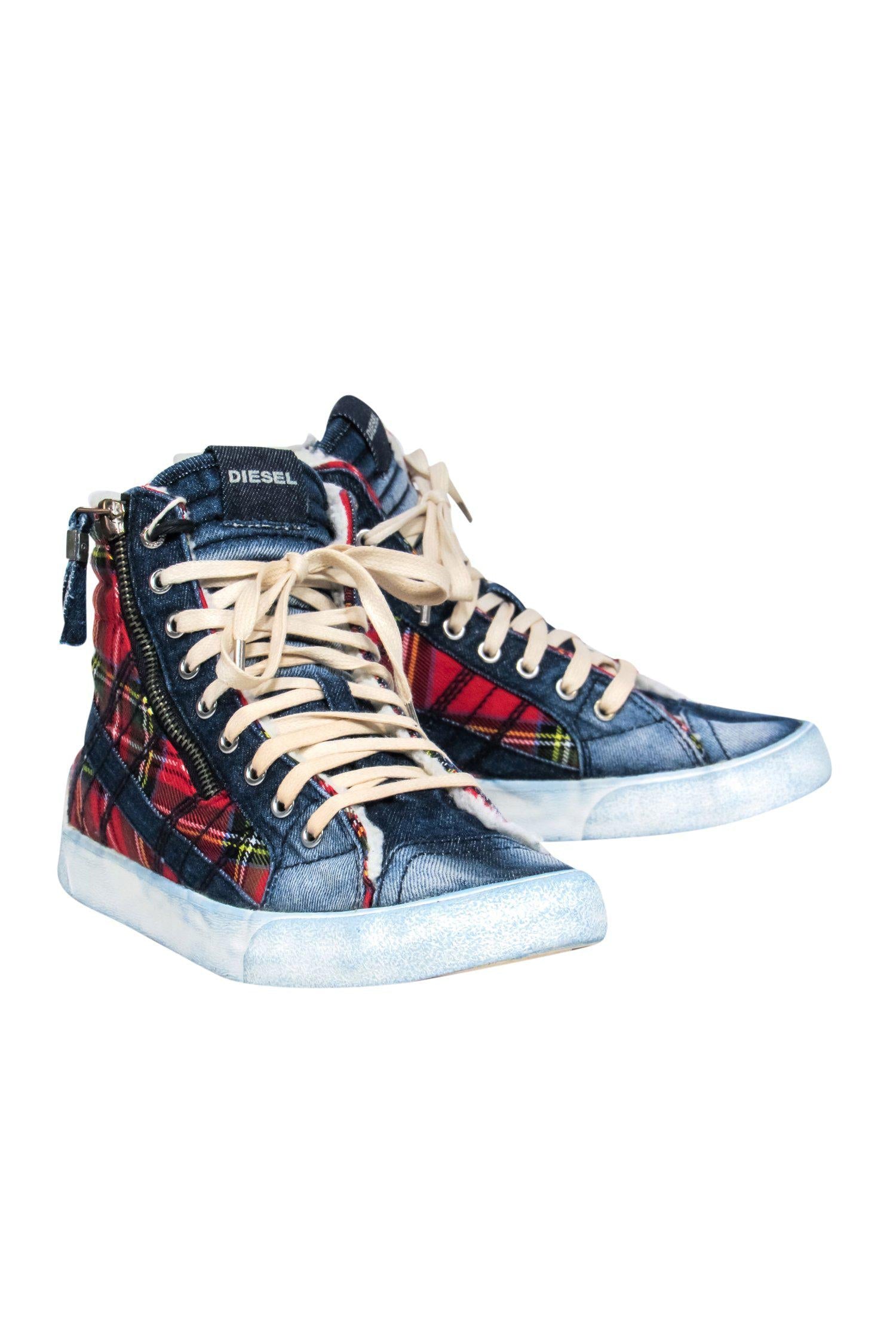 Diesel's Cozy Denim & Red Plaid High-Top Shearling Sneakers - Size 7.5