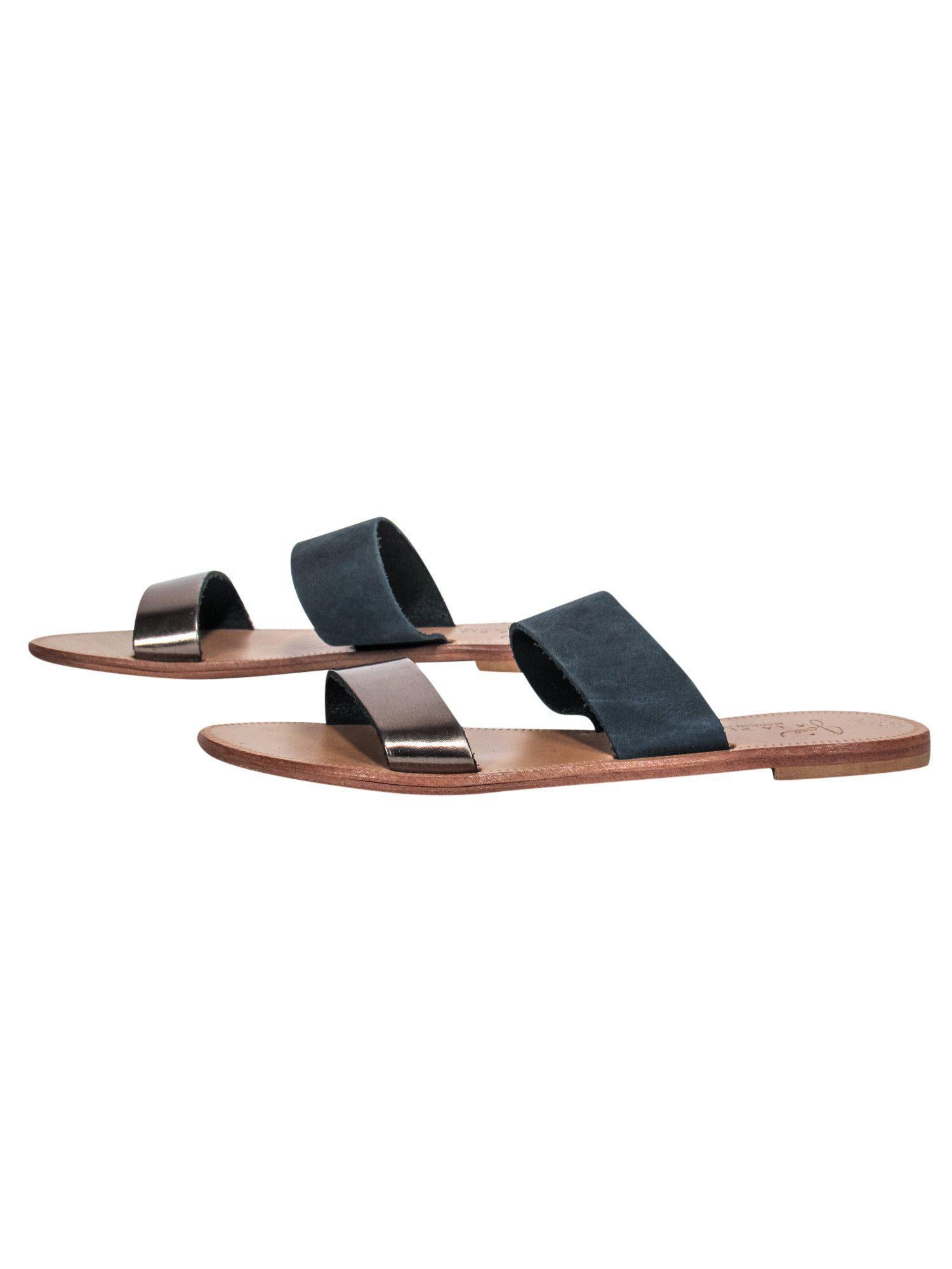 Joie's Stunning Two-Strap Slide Sandals in Pewter Leather & Suede, Size 6