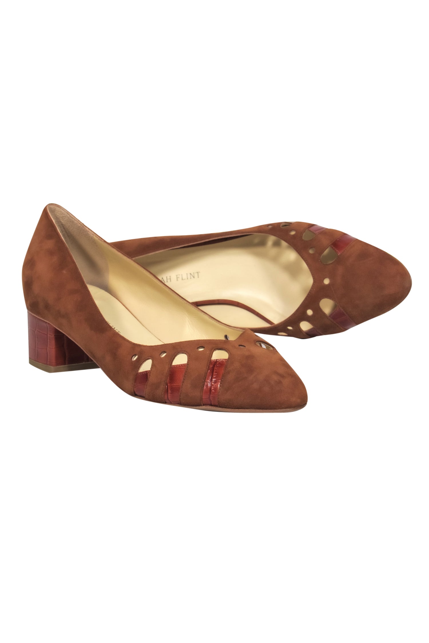 Sarah Flint Brown Suede Block Heel Pumps - Laser Cut & Crocodile Trim, Size 10