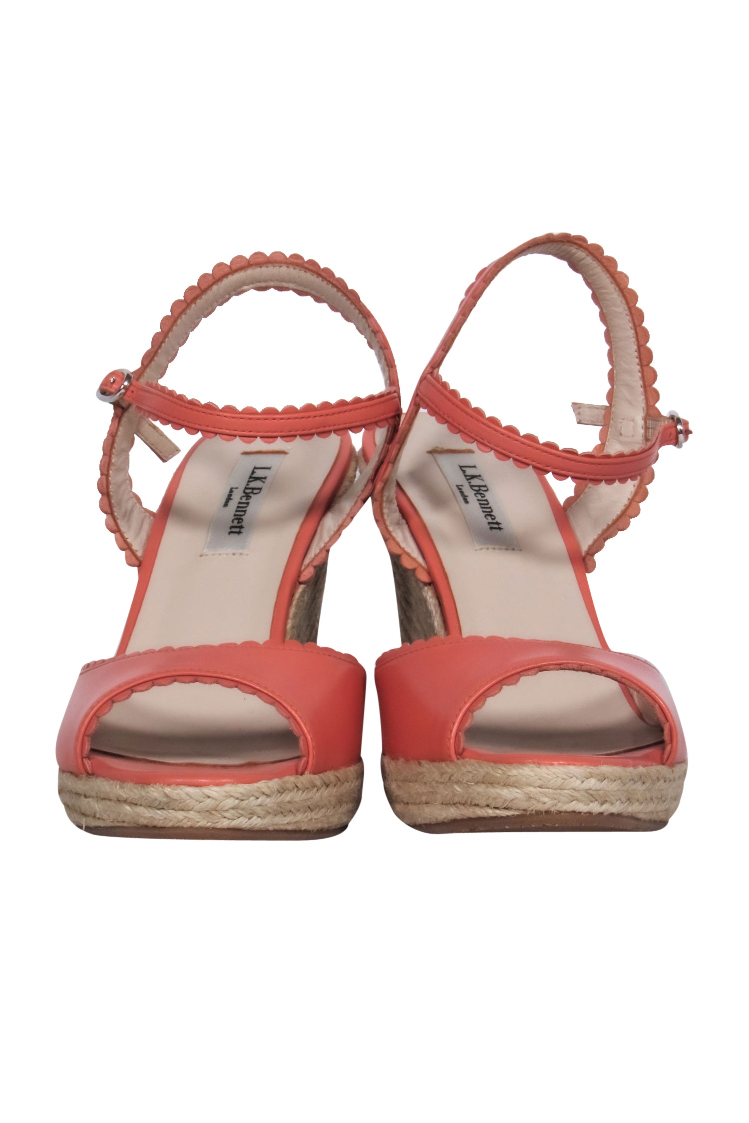 L.K. Bennett Pink Leather Scalloped Woven Peep Toe Wedges - Size 7