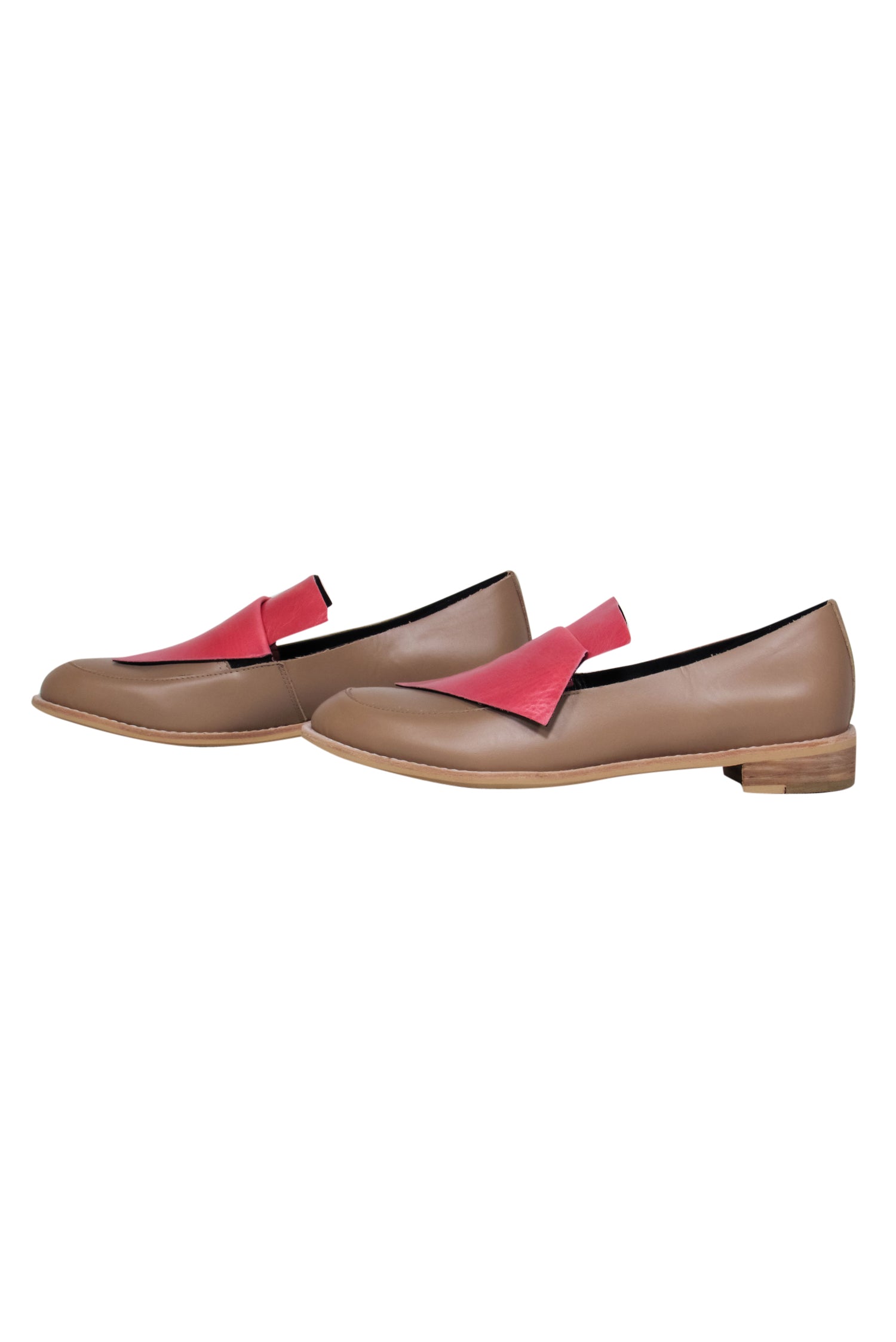 All Black Tan & Watermelon Pink Flap Design Flatbow Leather Loafers - Size 10