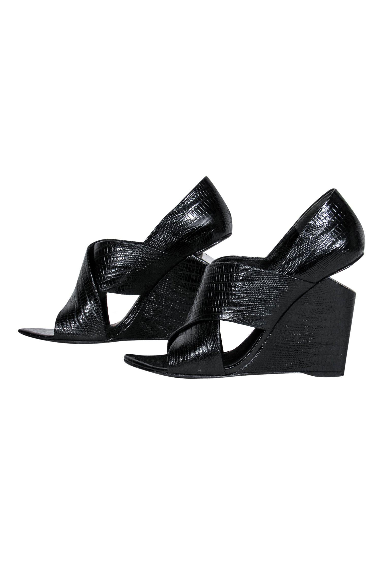 Alexander Wang Black Reptile-Embossed Wedges with Heel Cutout - Size 6.5