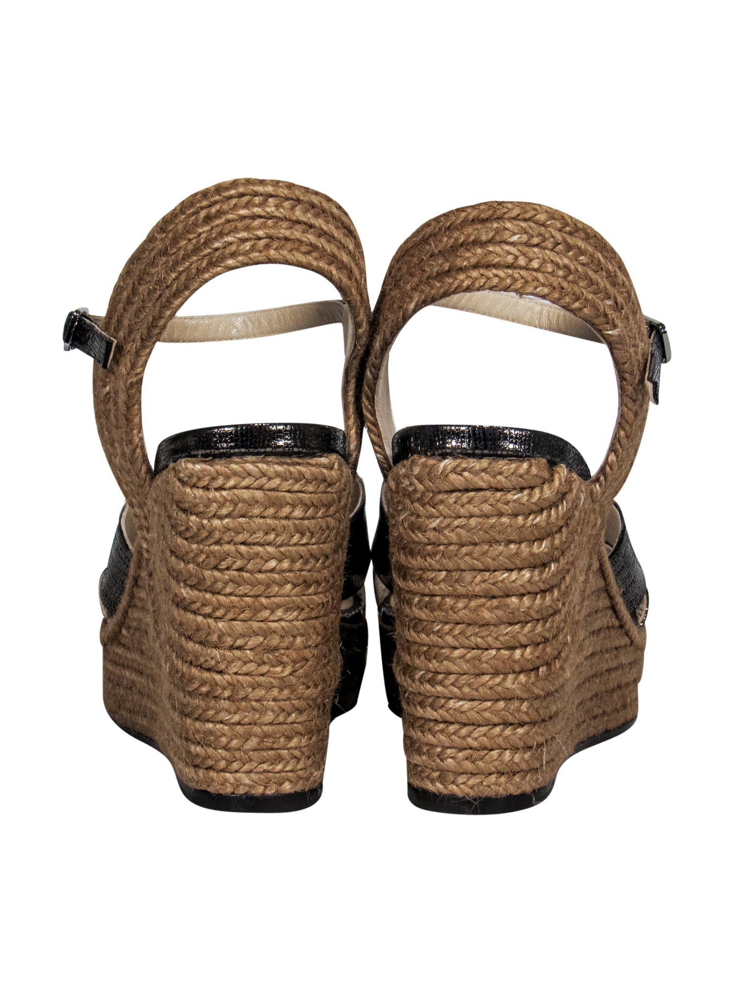Jimmy Choo Pewter Faux Snakeskin Metallic Woven Wedges - Size 9: Shimmering Resort Footwear