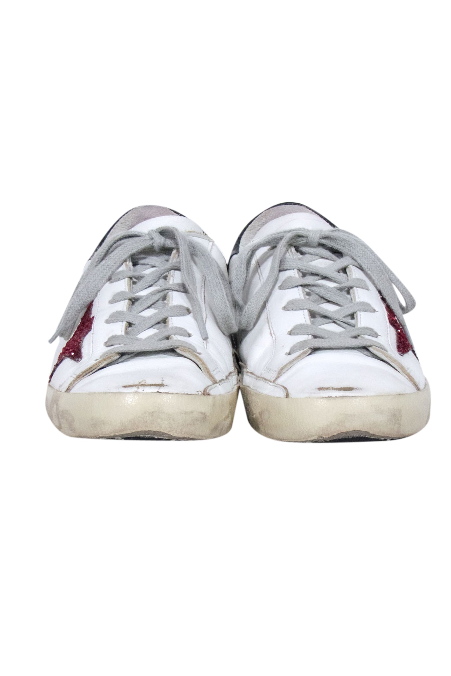 Golden Goose Superstar Sneakers - White Leather with Maroon Glitter Star, Size 8