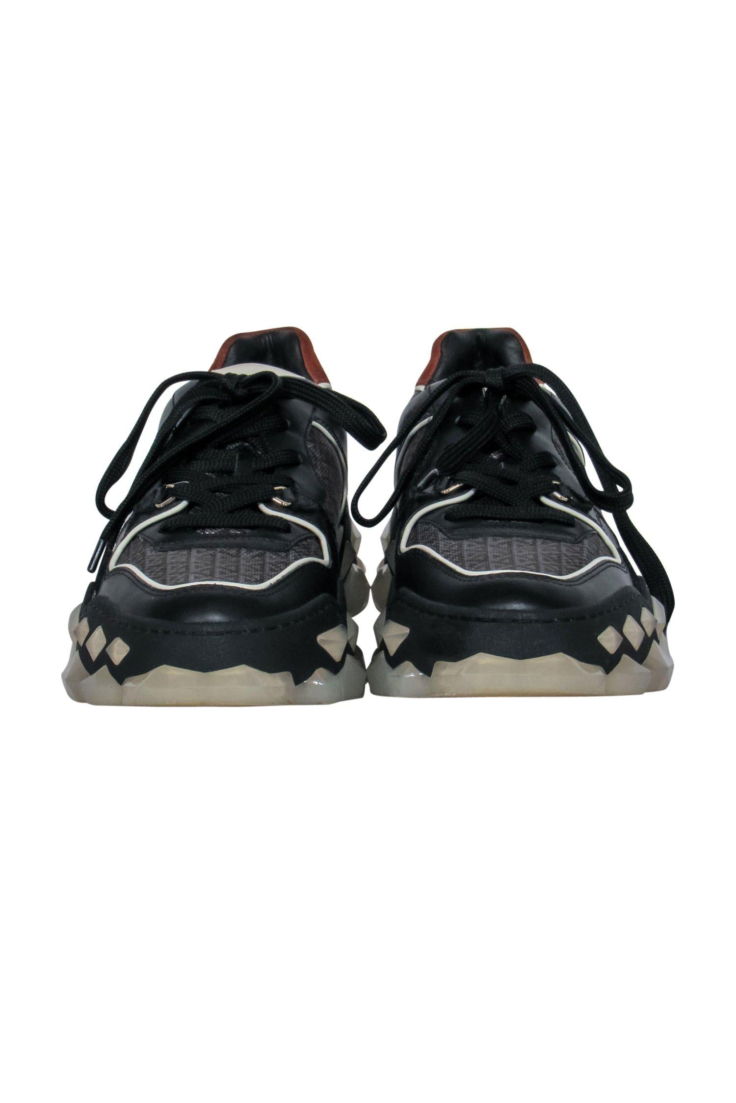 Jimmy Choo Stylish Black & Brown Leather & Suede Diamond Sole Sneakers - Size 10.5