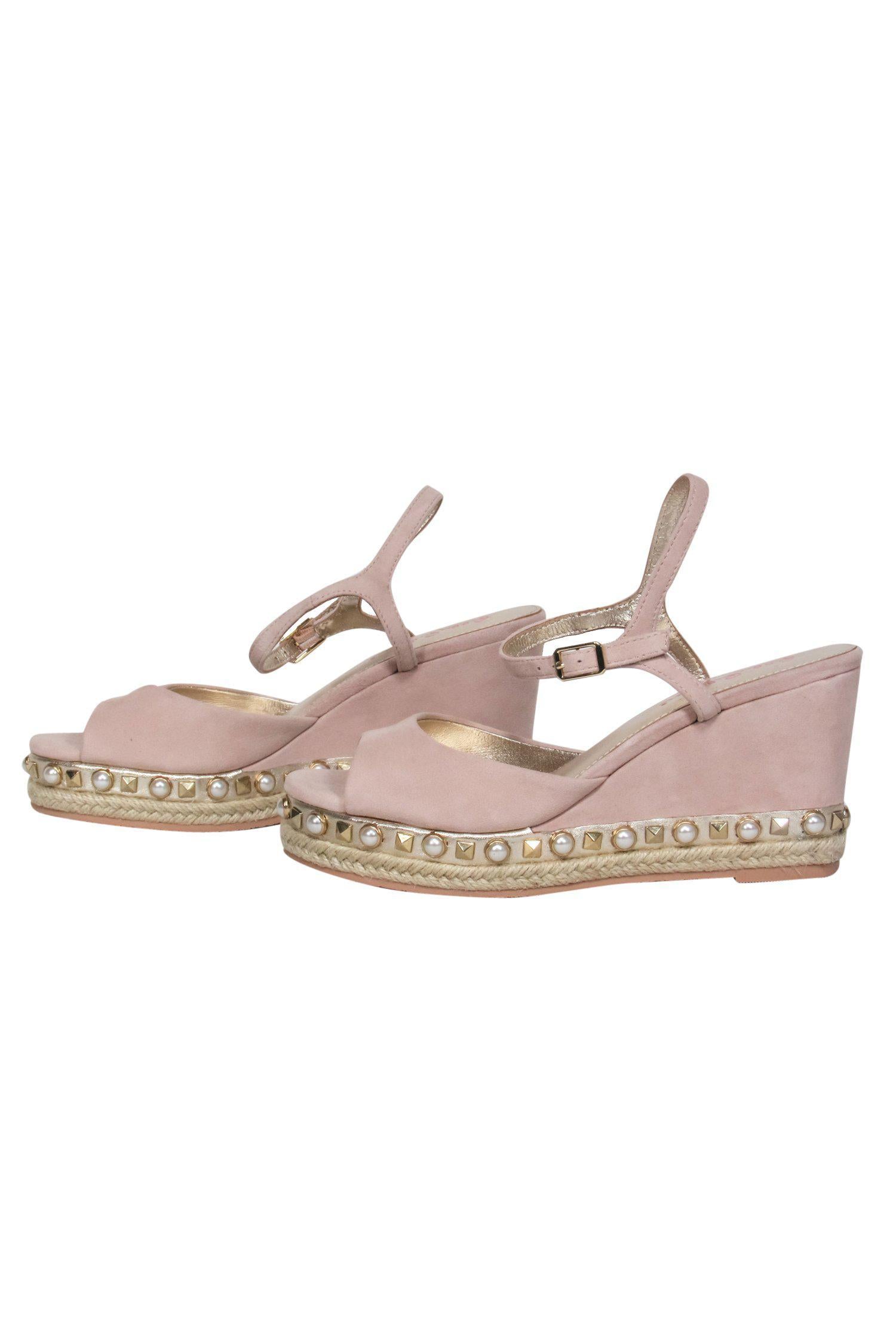Lilly Pulitzer's Sparkling Beige Suede Peep - Toe Wedges with Pearls and Studs, Size 7