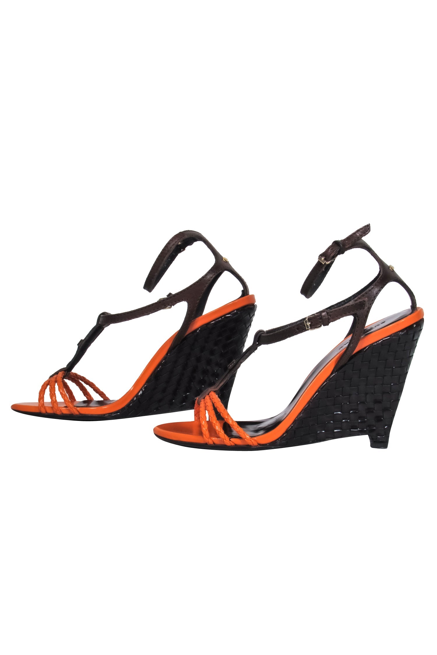 Burberry's Stunning Orange & Brown Woven Leather Wedge Heels - Size 10