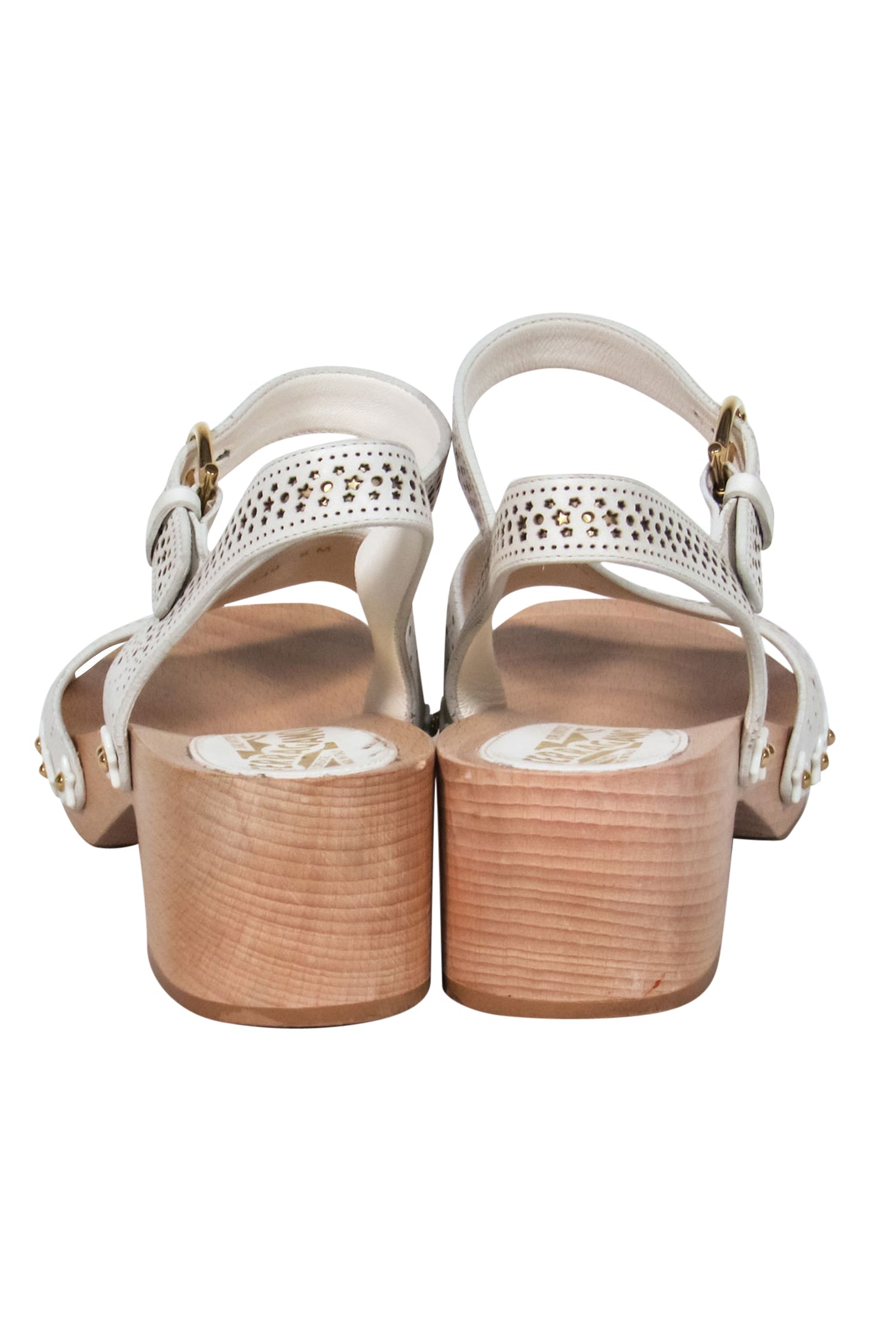 Ferragamo White Leather Clog Sandals with Golden Stars - Size 8
