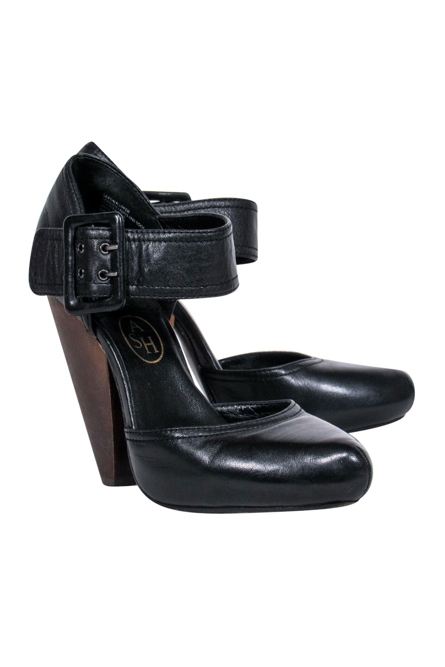 Ash Black Leather Chunky Buckle Heels - Size 8 - Sky - High Style!