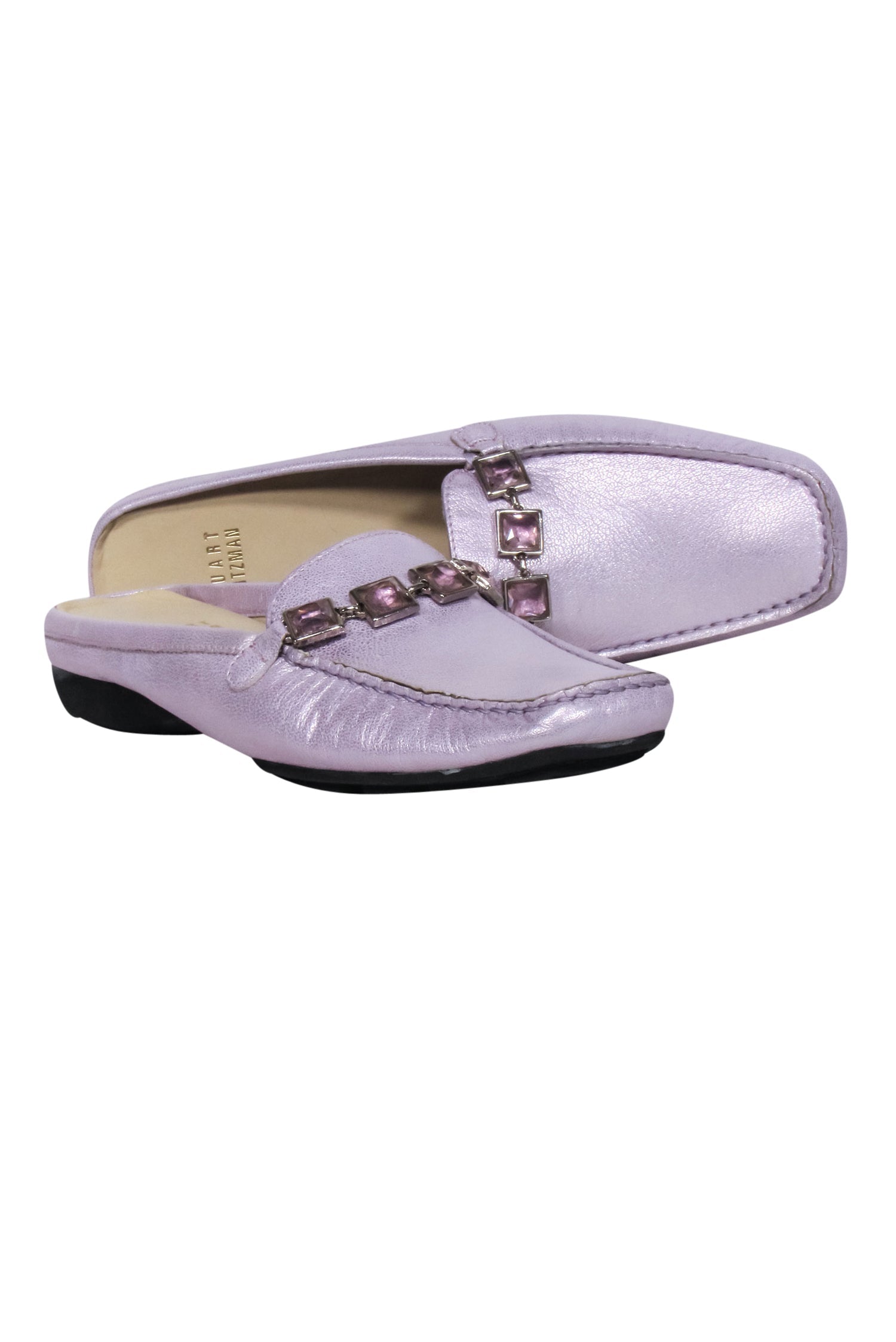 Stuart Weitzman Lavender Metallic Leather Mule Loafers with Crystal Rhinestones - Size 7