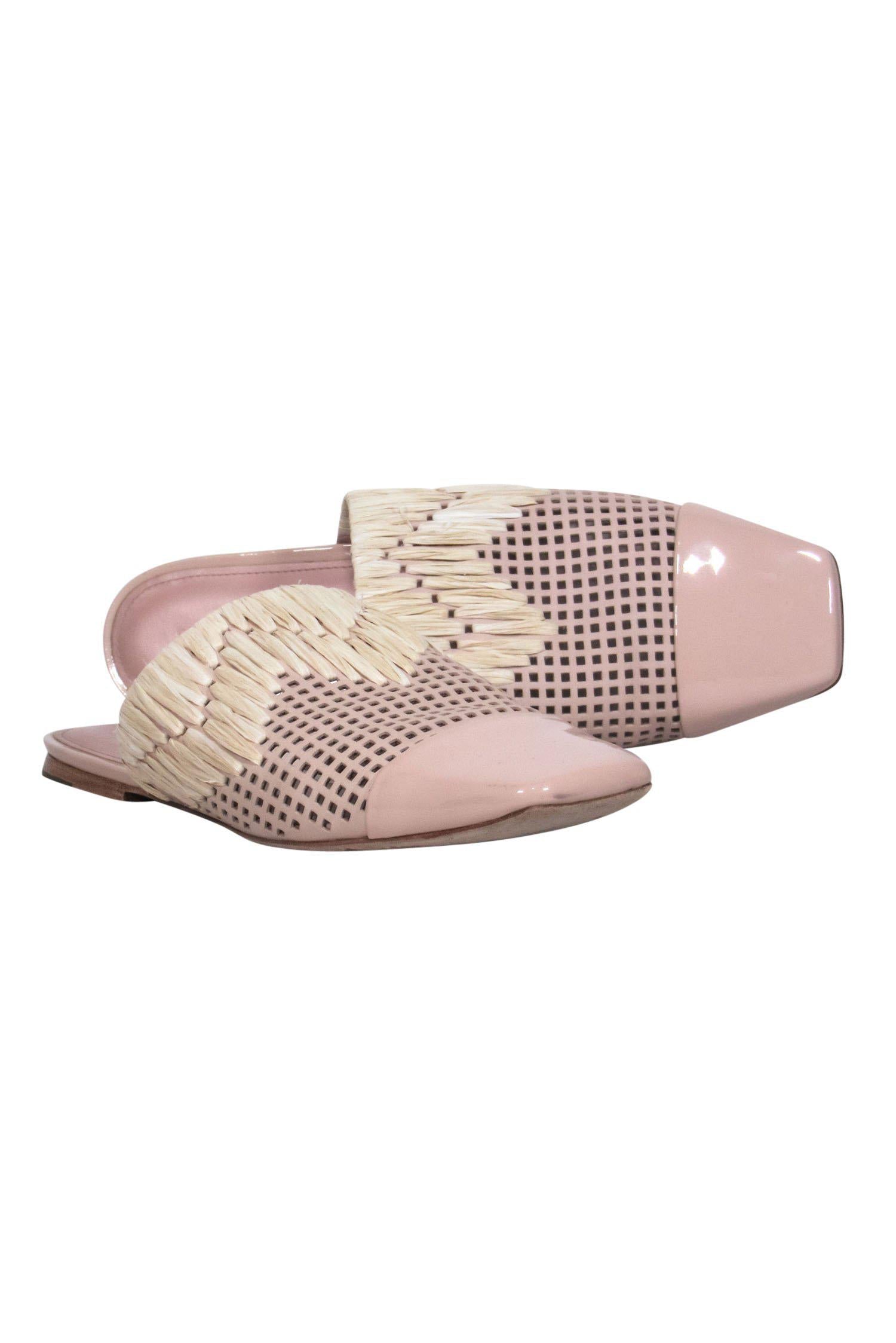Sigerson Morrison Light Pink Patent Leather Perforated Mules with Straw Woven Trim - Size 9