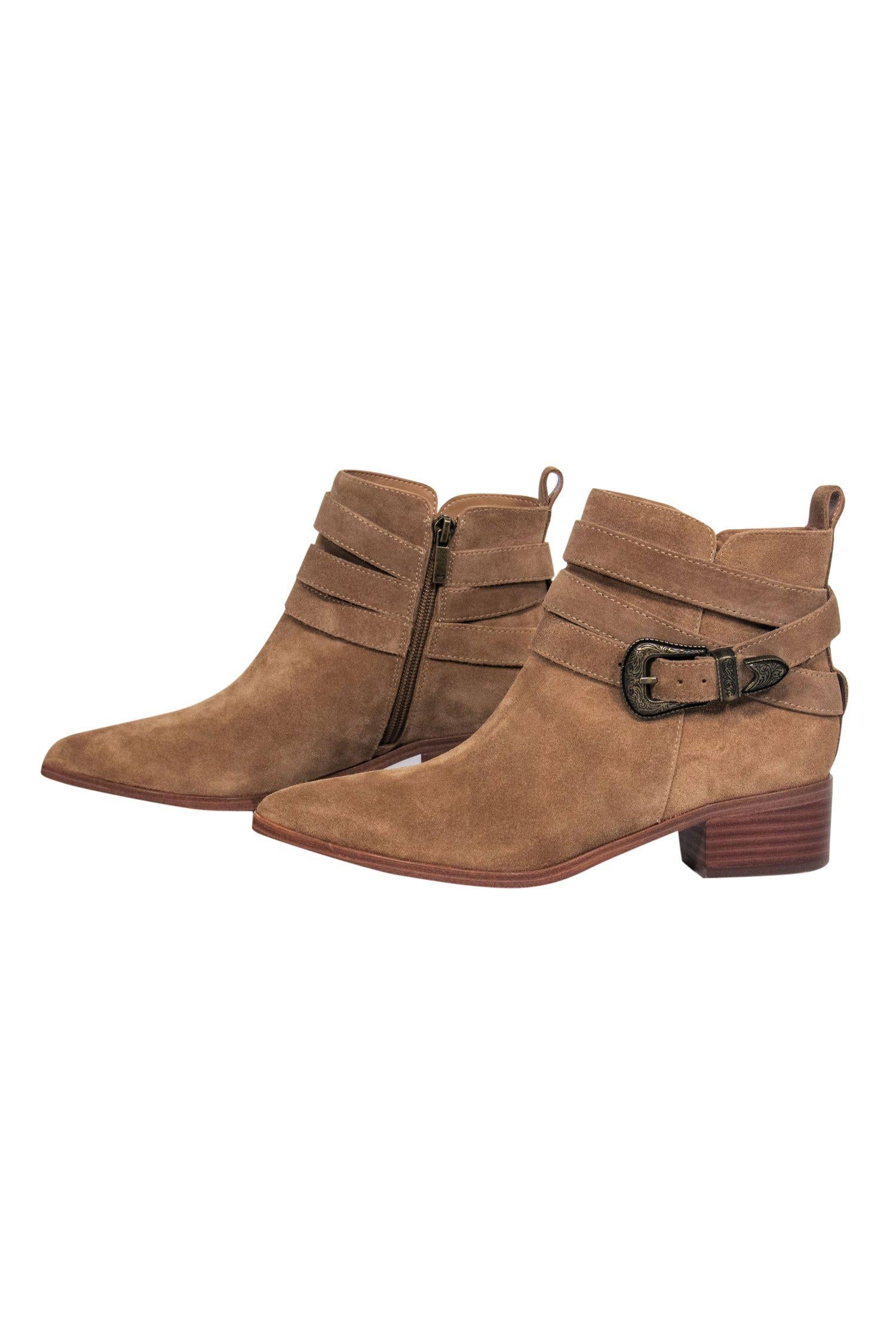 Marc Fisher Tan Suede Pointed Toe Western Ankle Booties - Size 6.5: Chic Southwest Style!